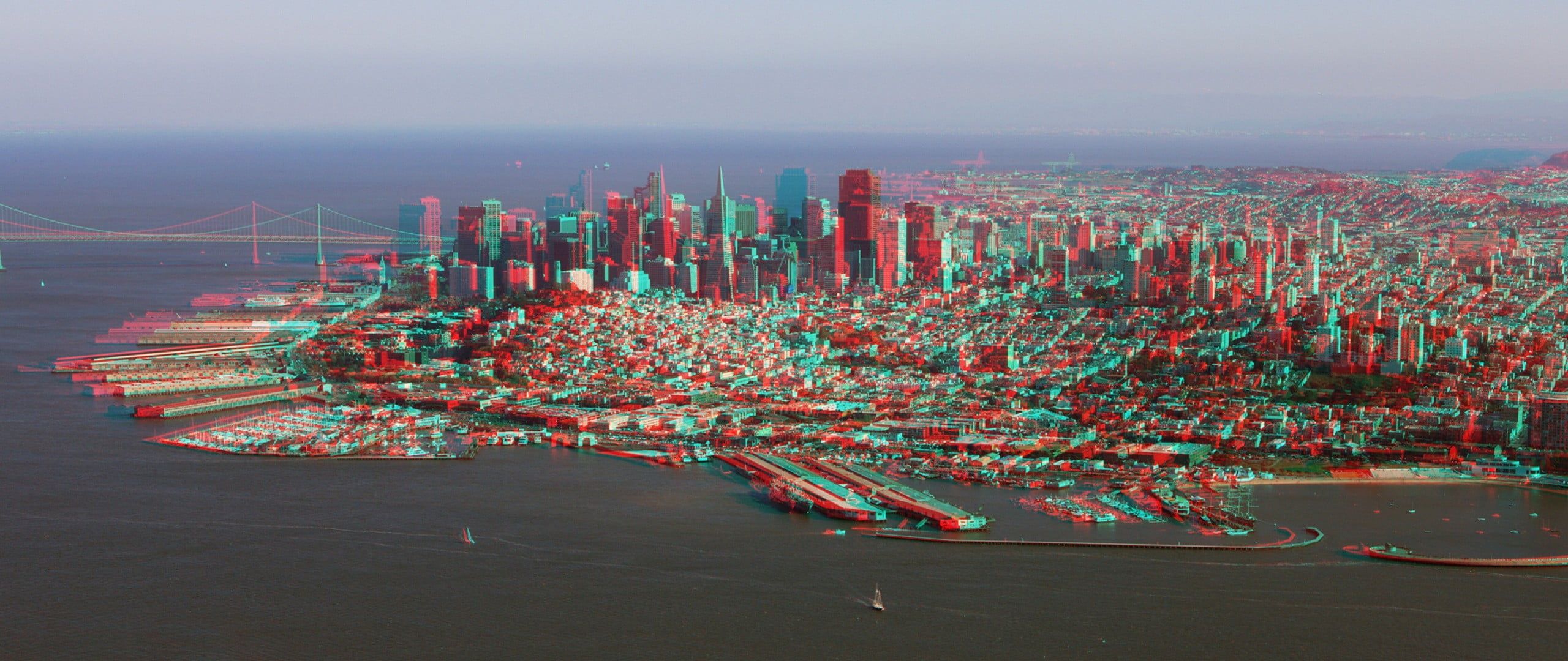 2560x1080 Aerial photography of city buildings, city, anaglyph 3D, San Francisco HD wallpaper