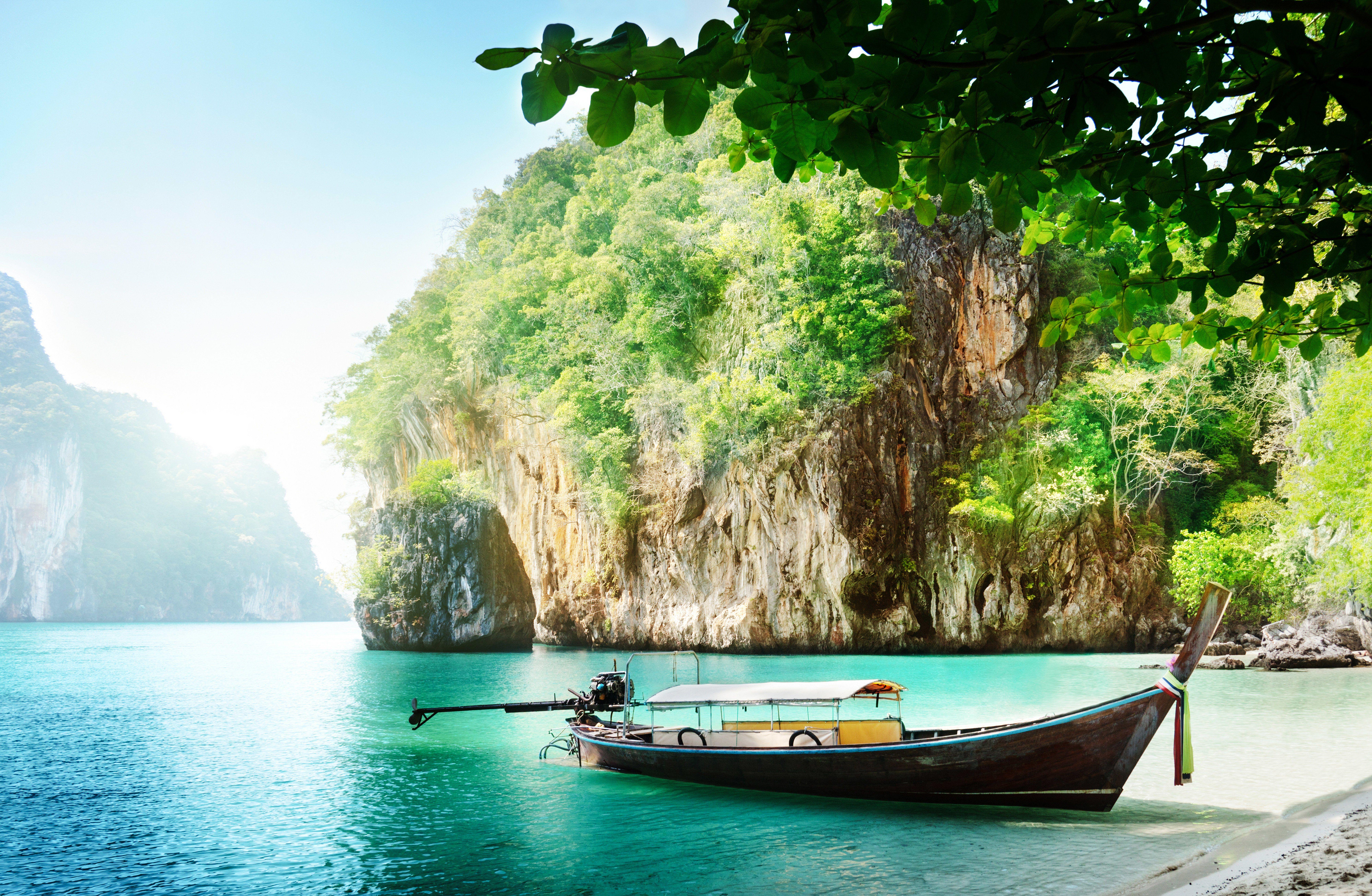 8000x5224 boats, Thailand, Sea, Crag, Nature Wallpaper HD / Desktop