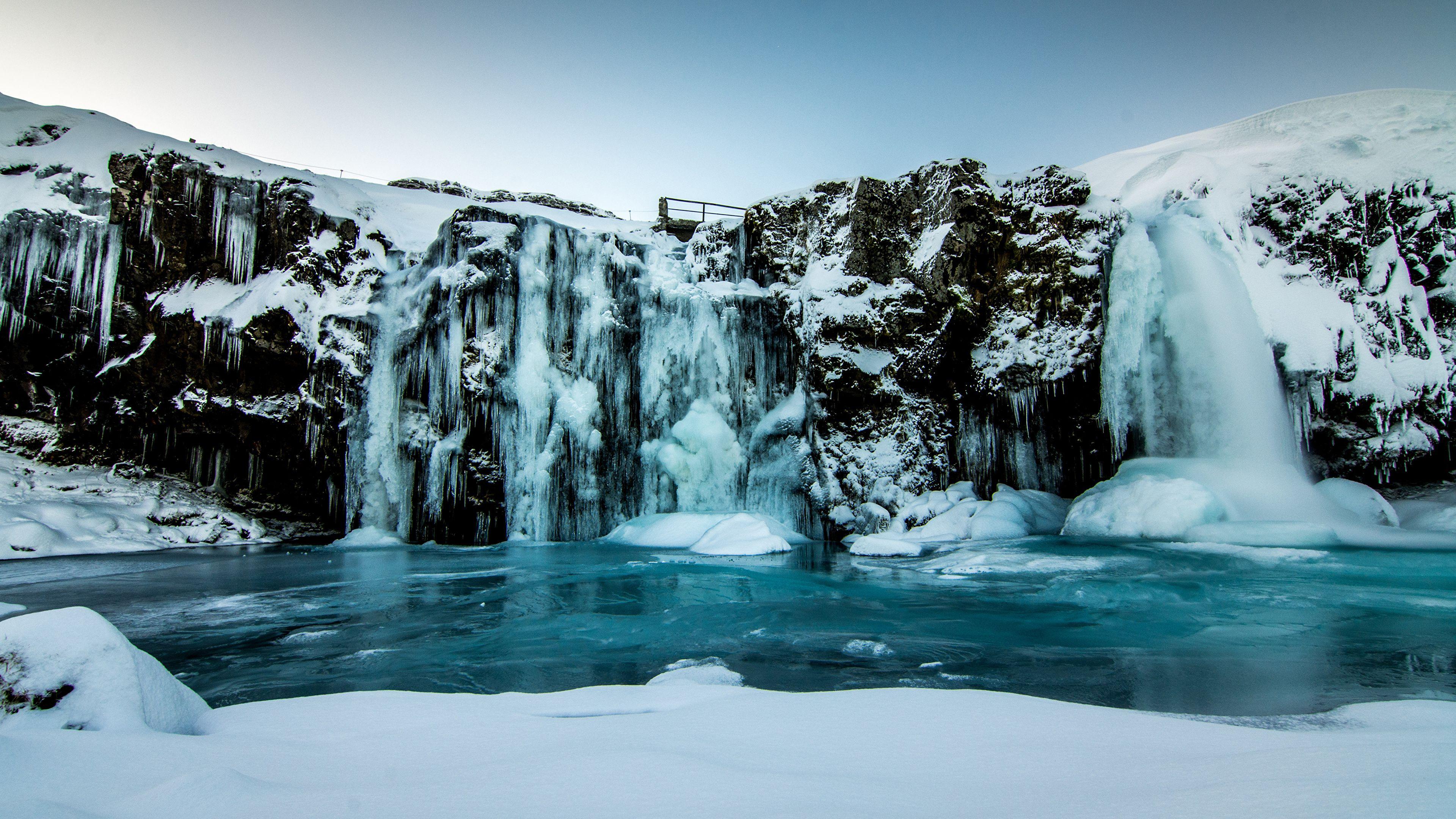 3840x2160 Picture Iceland Ice Crag Winter Nature Waterfalls Snow 3840x2160