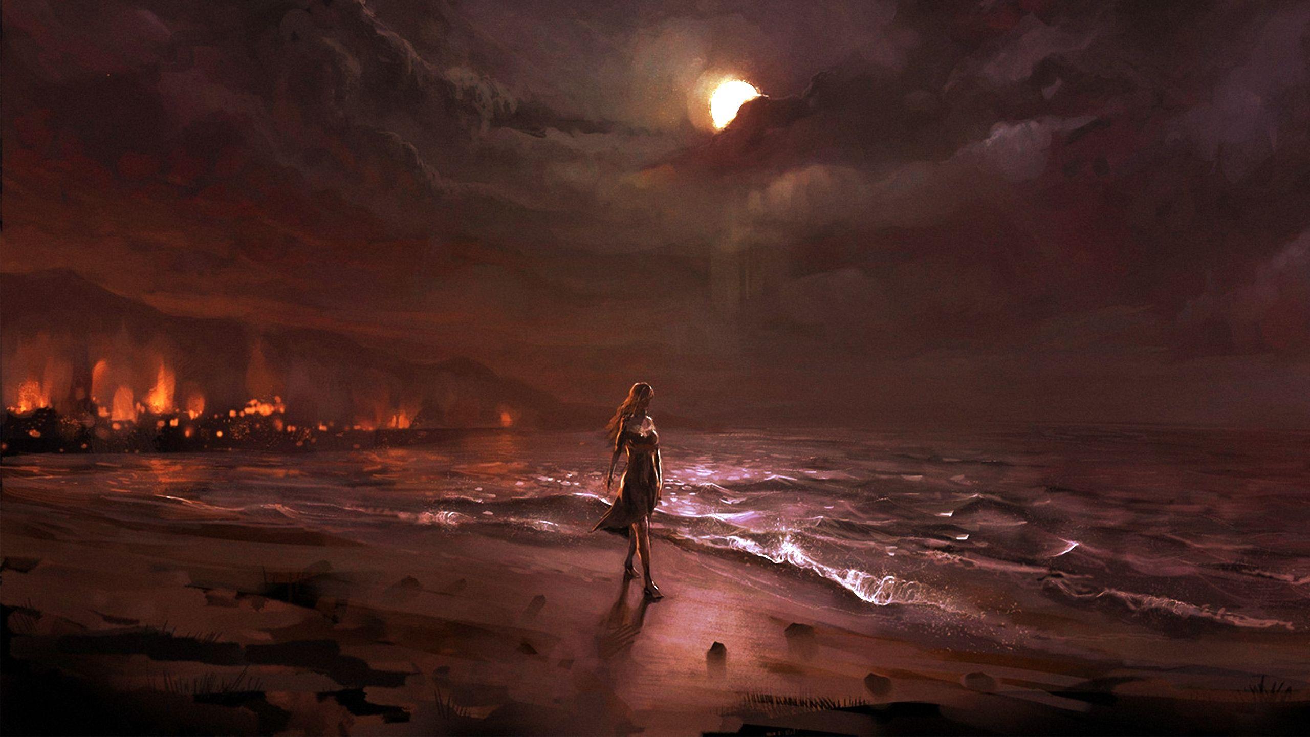 2560x1440 Dark Night Beach Fire Digital Comic Art, HD Artist, 4k Wallpaper, Image, Background, Photo and Picture