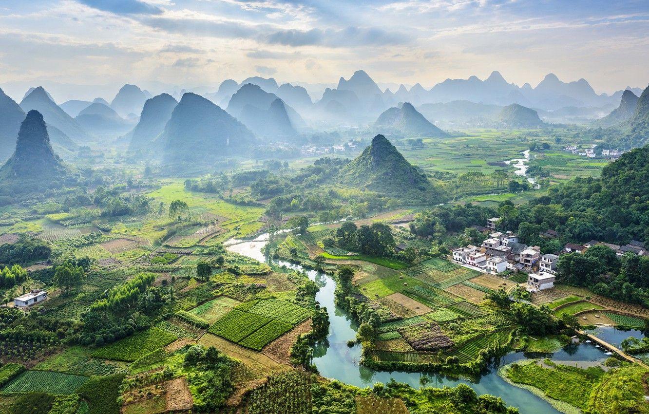 1332x850 Wallpaper mountains, river, China, field, village, China, Yangshuo