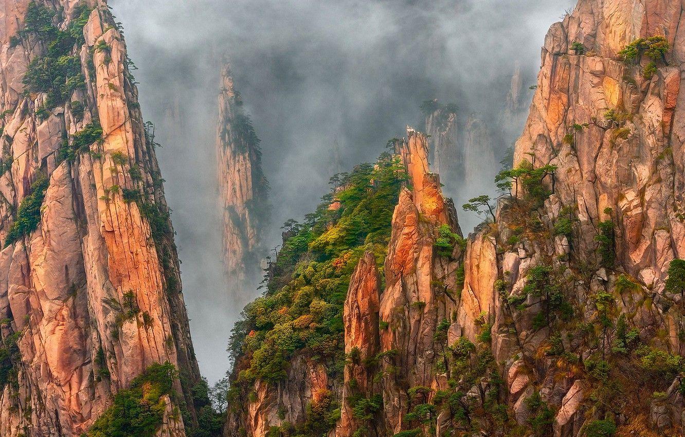 1332x850 Wallpaper trees, mountains, fog, rocks, China, haze, pine, granite