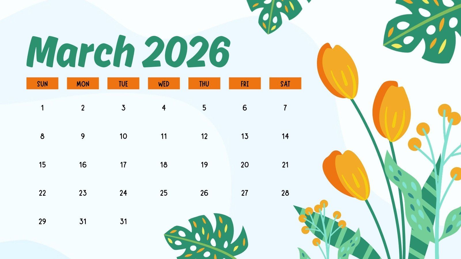 1600x900 Free to edit and print March 2026 calendar templates