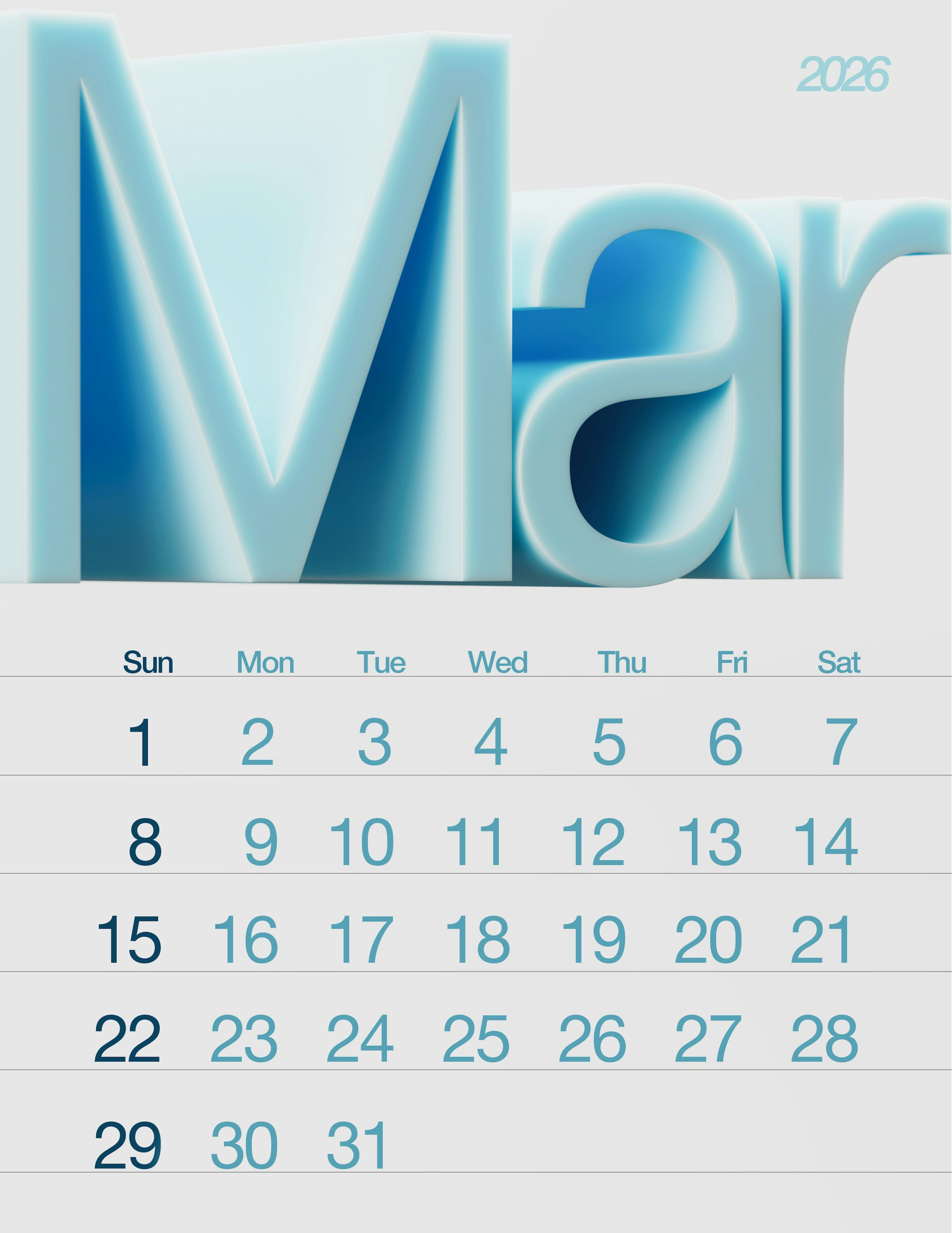 3000x3886 March 2026 calendar with large blue 3D letters photo