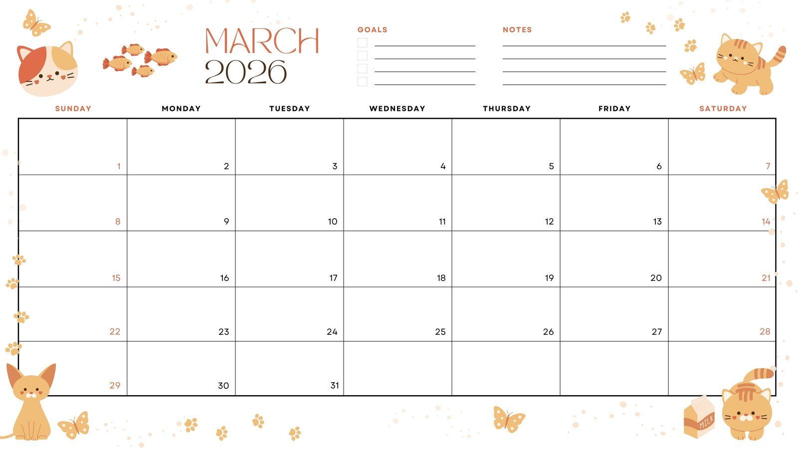 1600x900 Free to edit and print March 2026 calendar templates