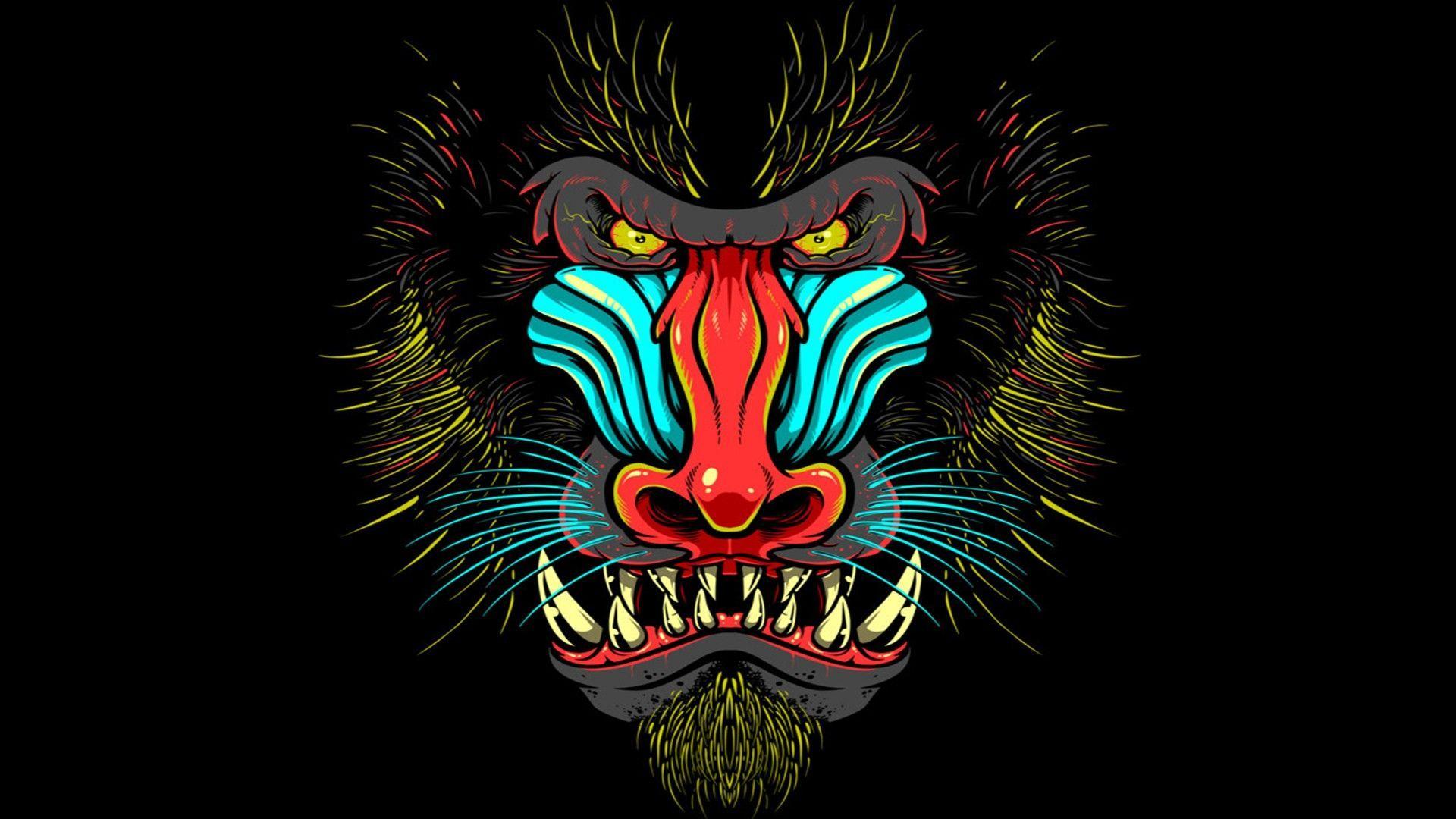1920x1080 一般1920x1080动物数字艺术猴子Mandrill五颜六色的口头黄色的眼睛画