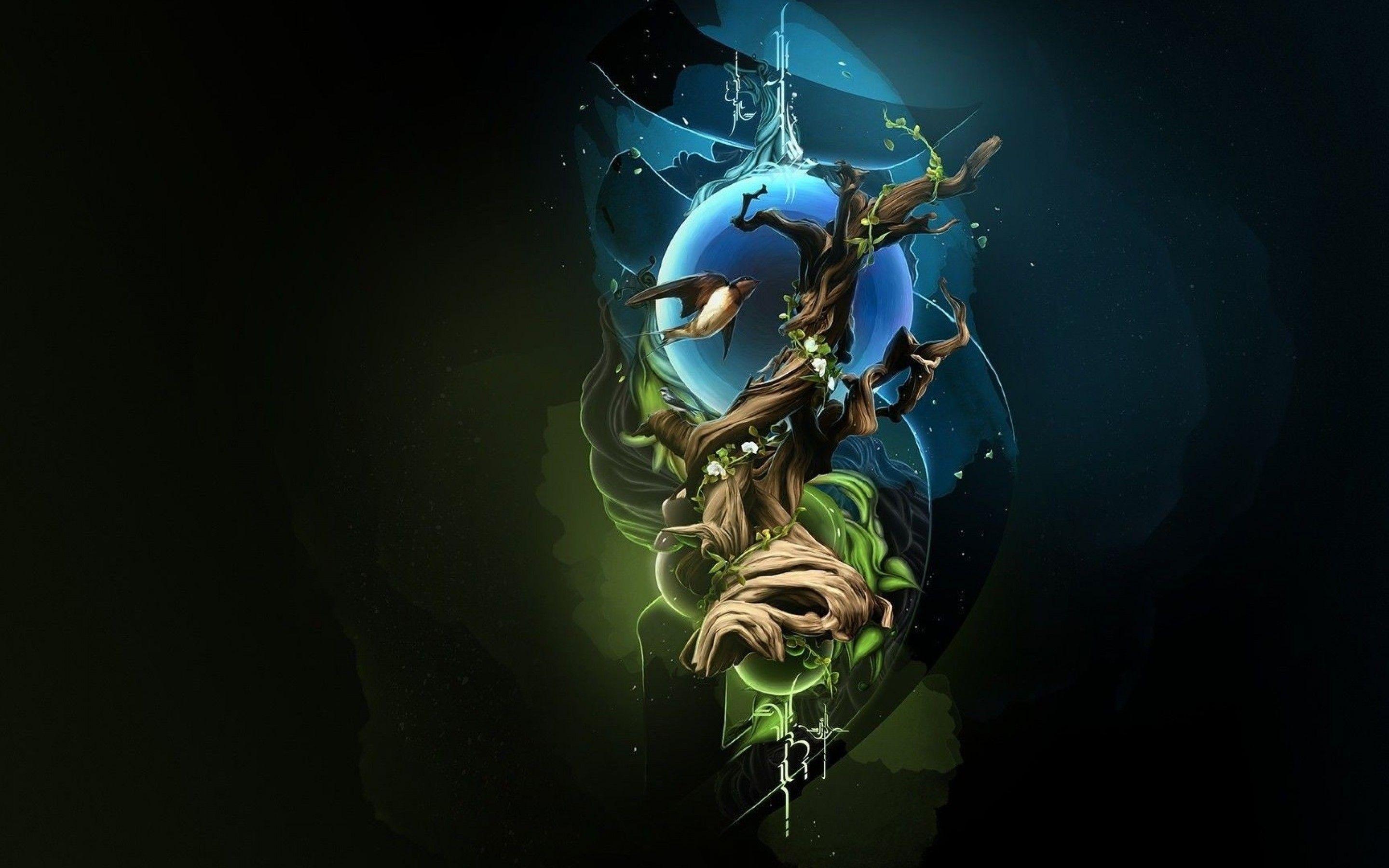 2880x1800 tree, bird, digital art wallpaper