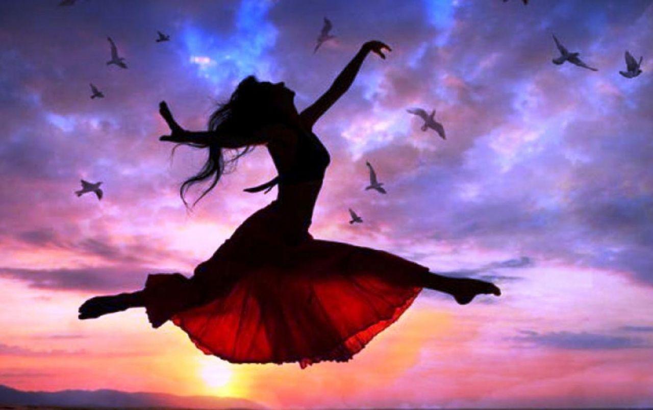 1280x804 Woman Free Flying Sunset Birds Wallpaper Wallpaper
