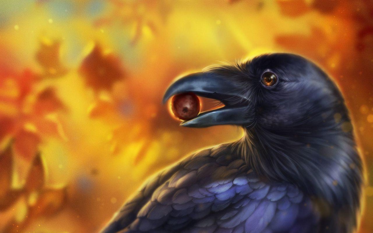 1280x800 Download wallpaper 1280x800 crow, bird, art, beak, acorn, leaves