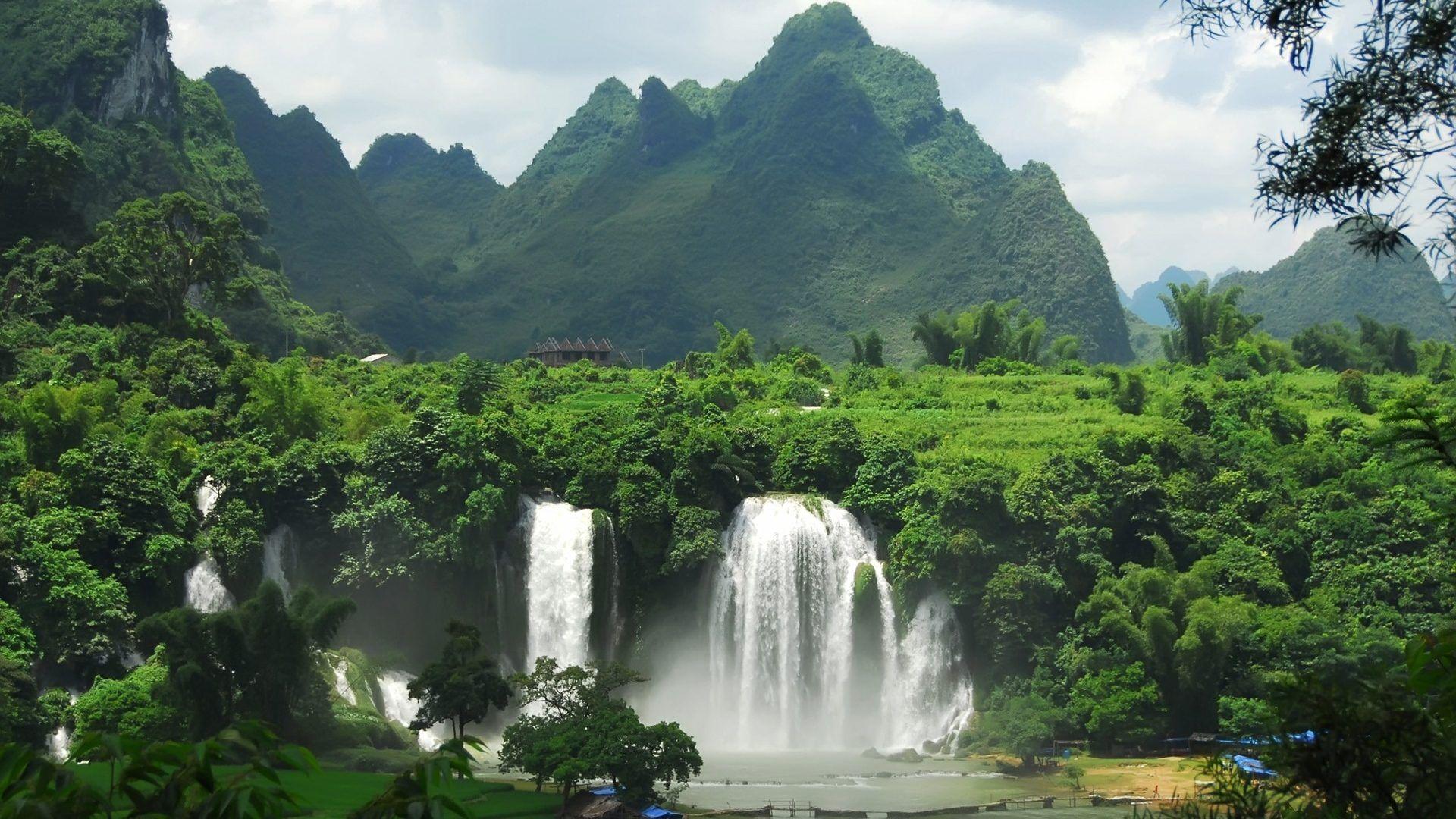 1920x1080 Nature HD Image Wallpaper falls bann giok vietnam mountains trees