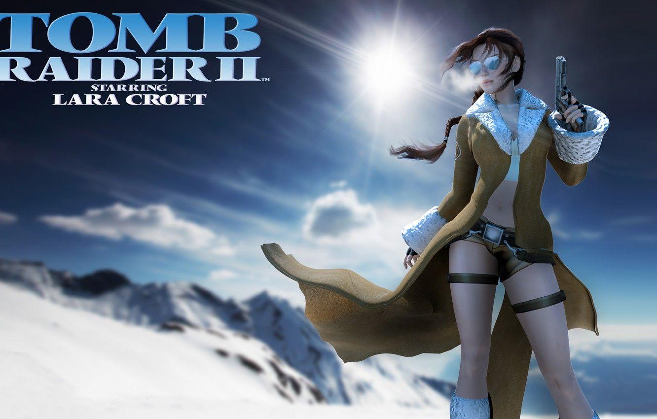 1332x850 Wallpaper winter, snow, gun, glasses, Lara Croft, coat, Lara Croft