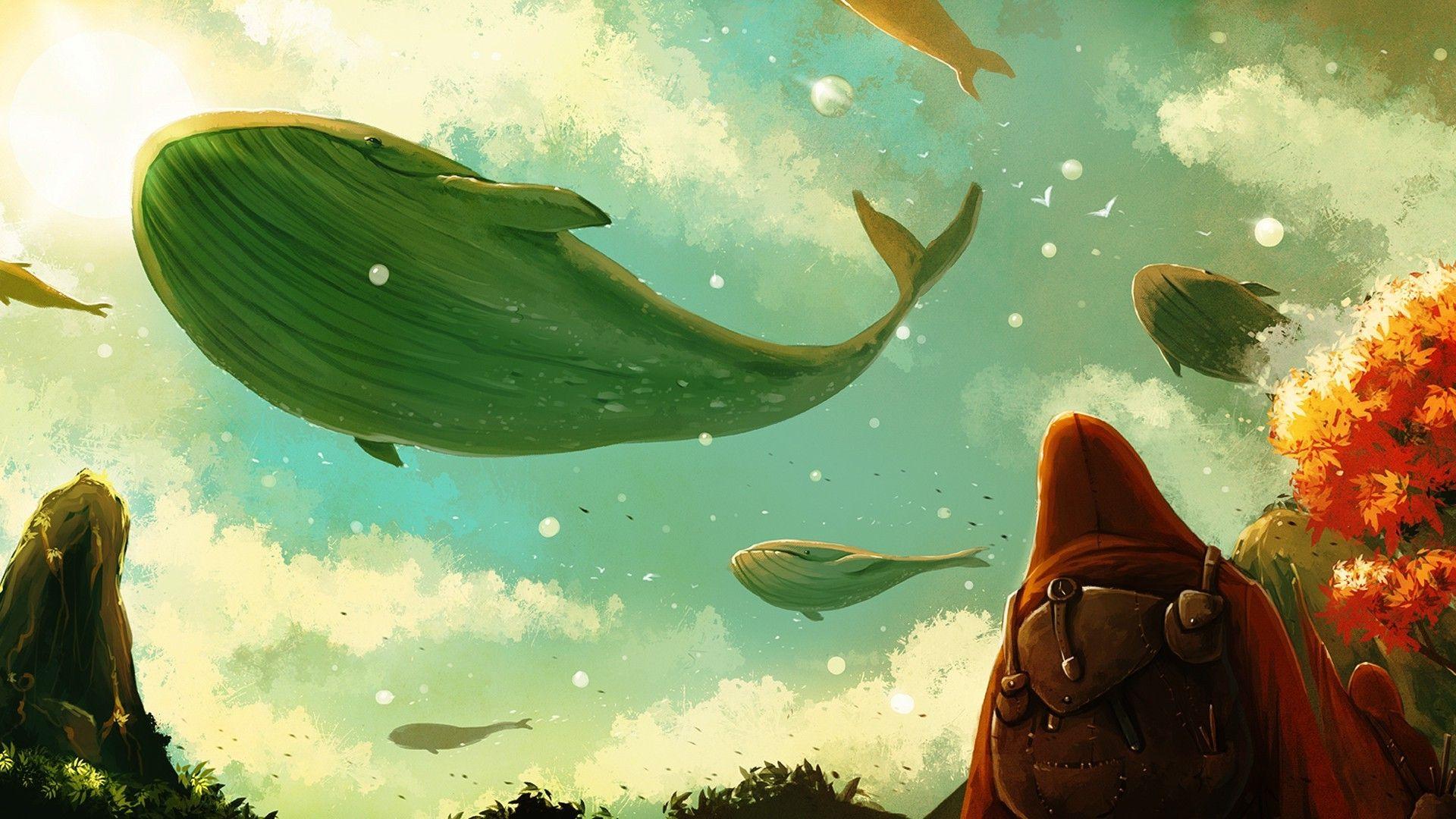 1920x1080 fantasy Art, Watercolor, Whale, Birds, Sky, Clouds Wallpaper HD / Desktop and Mobile Background