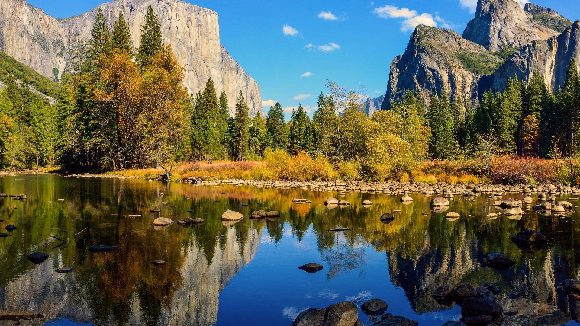 1920x1080 Yosemite Valley Autumn Reflection River Water Firs Trees National
