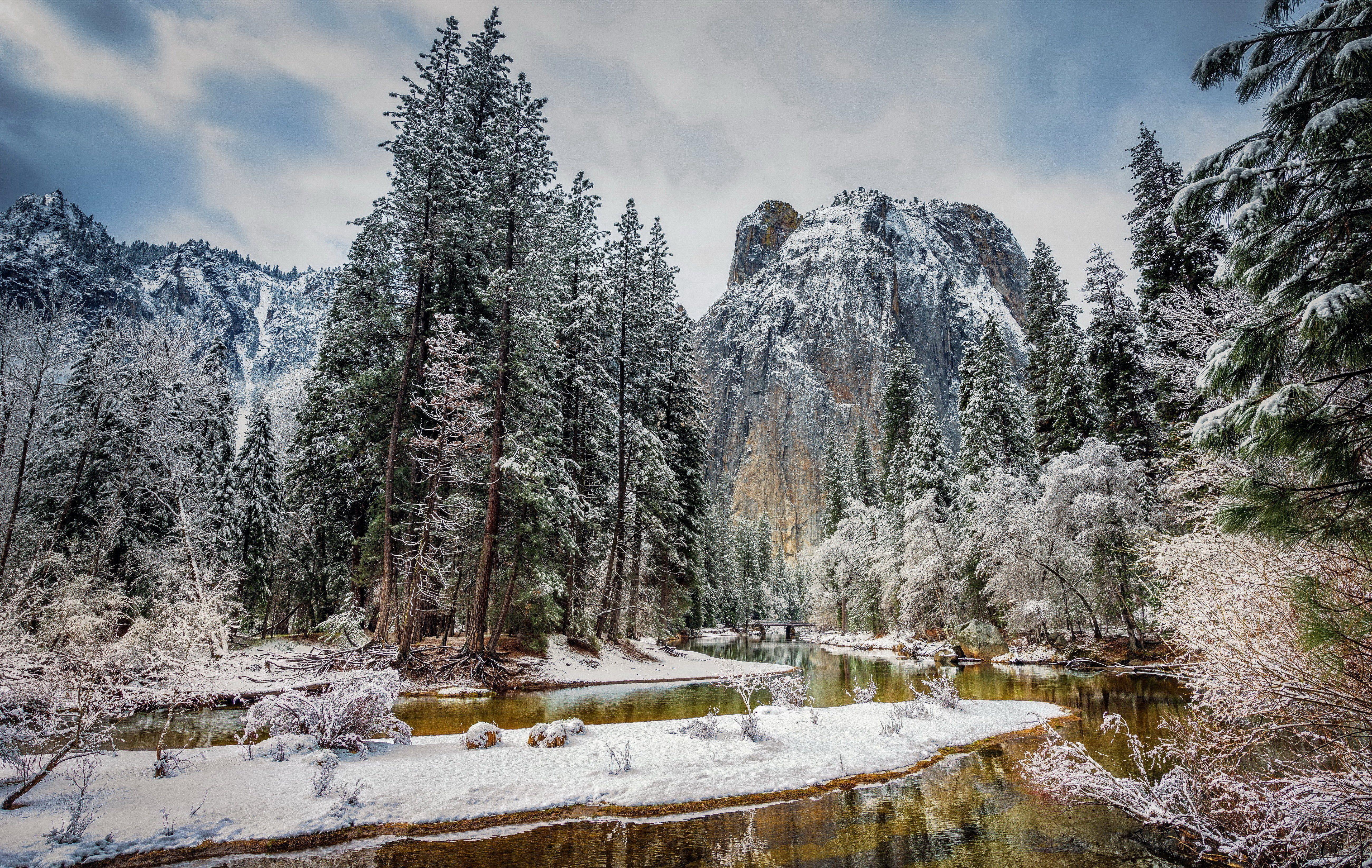 5200x3290 Usa yosemite national park winter mountains river wallpaper