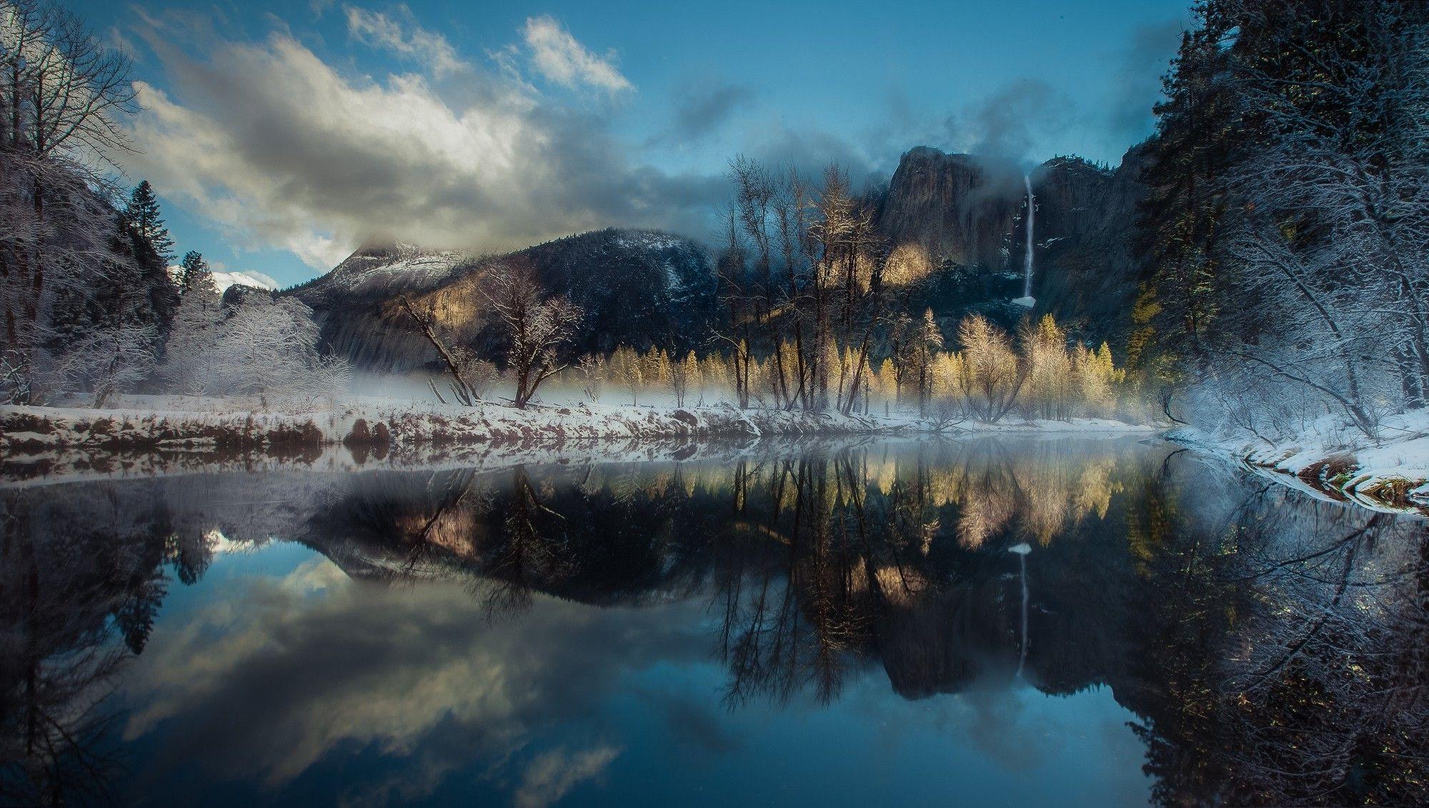 2000x1131 landscape, Nature, Winter, River, Reflection, Waterfall, Mountain