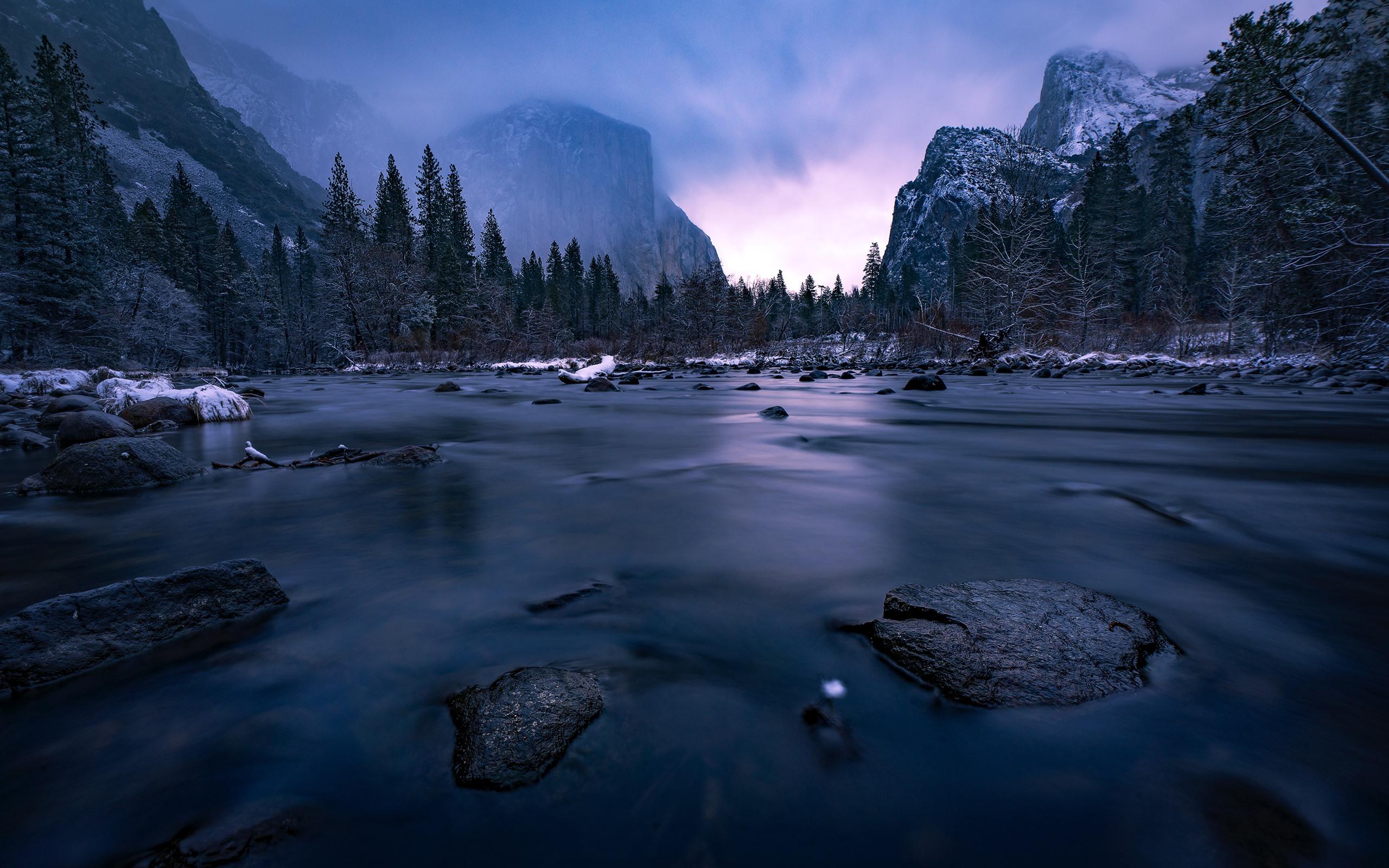 2560x1600 Wallpaper Yosemite National Park, river, mountains, snow, winter