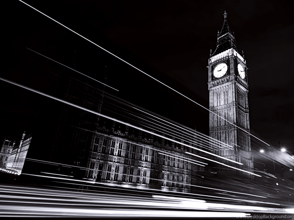 1024x768 Black White Clock Tower Landscape .