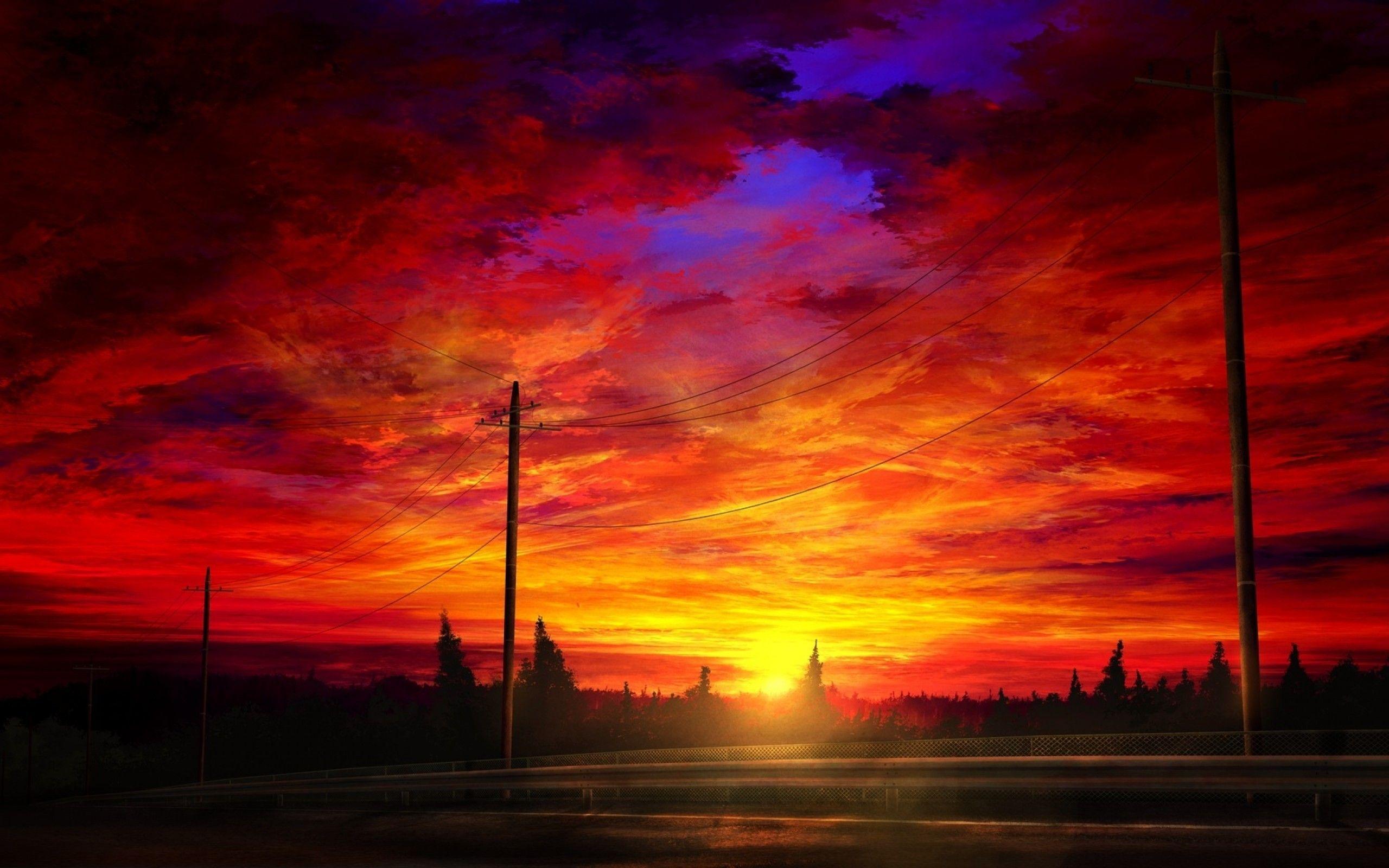 2560x1600 Download 2560x1600 Anime Sunset, Landscape, Clouds, Sky, Road