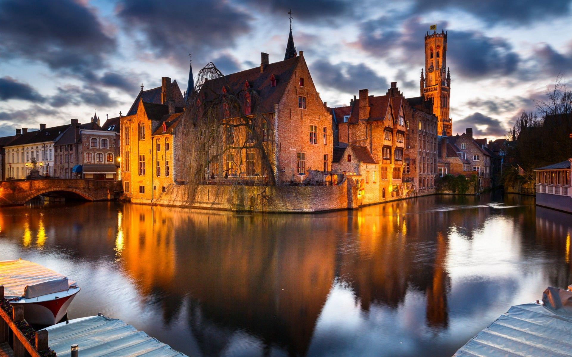 1920x1200 #Brugge, #trees, #cityscape, #reflection, #lights, #Bruges