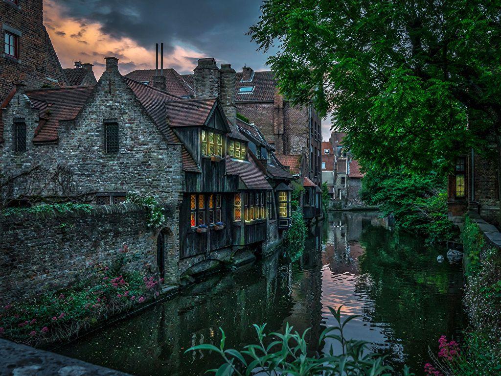 1024x768 Wallpaper Belgium Brugge Canal Evening Cities Building 1024x768