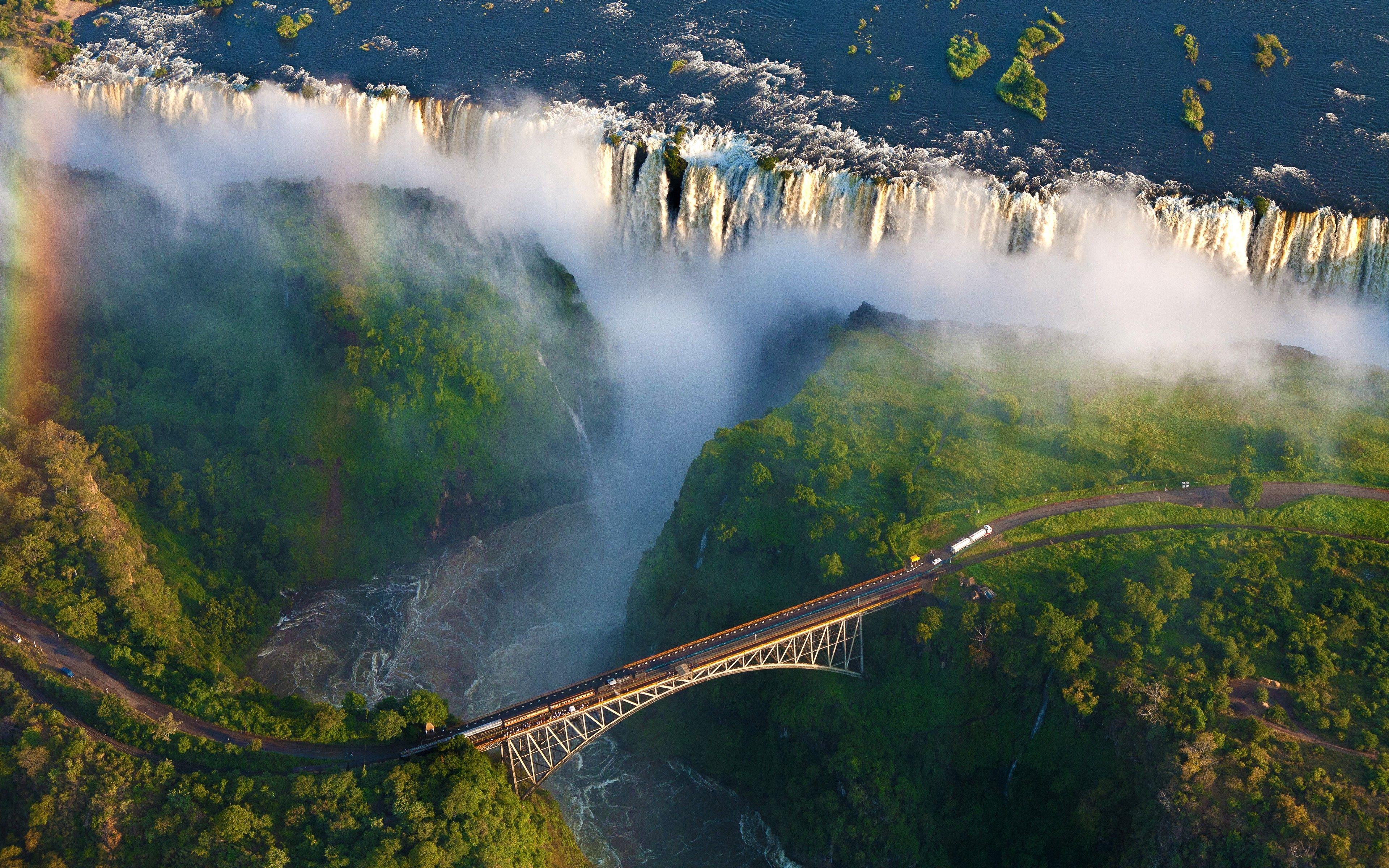 3840x2400 waterfall, Africa, Aerial View, Bridge, Nature, Landscape Wallpaper