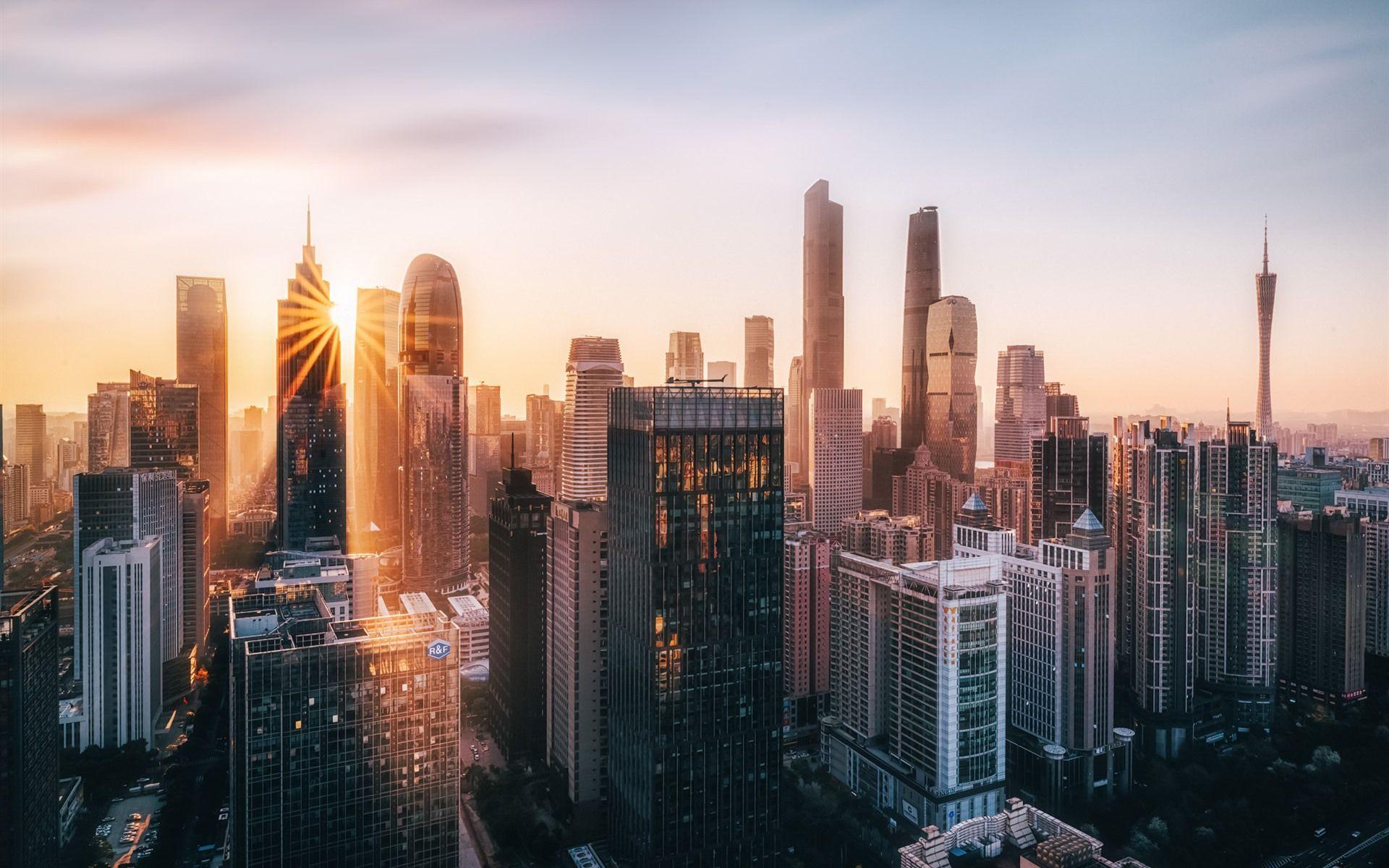 1920x1200 Wallpaper Morden city, Guangzhou, China, skyscrapers, morning, sun