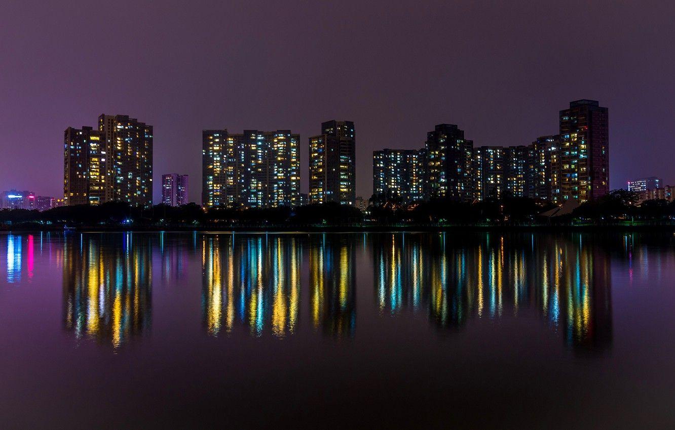 1332x850 Wallpaper water, night, the city, lights, reflection, home, China, promenade, Guangzhou, Guangzhou image for desktop, section город