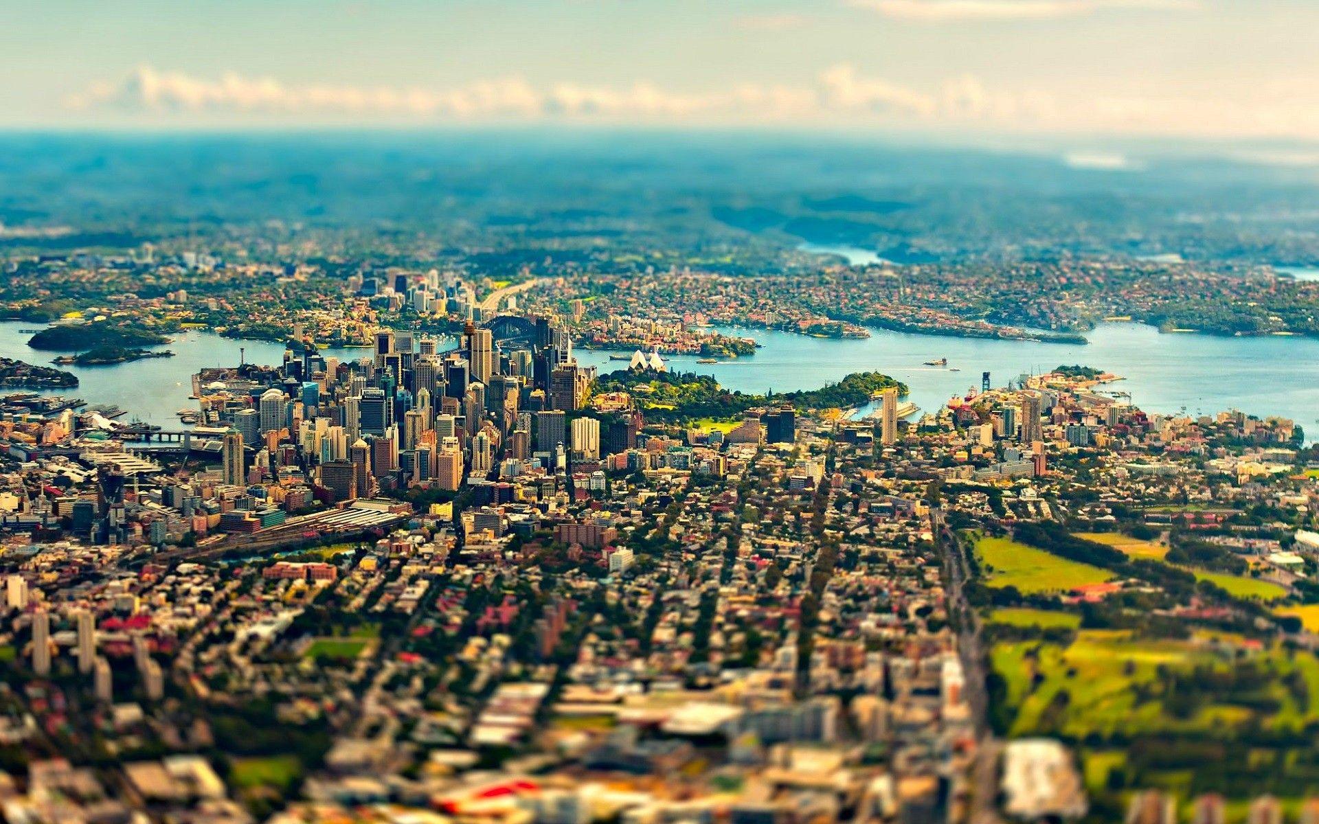 1920x1200 tilt Shift, #landscape, #city, #river, #skyscraper