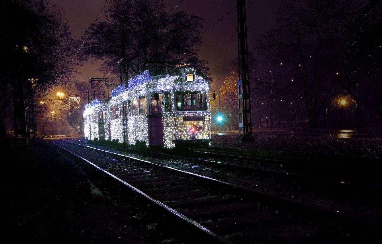 1332x850 Wallpaper winter, road, trees, night, the city, rails, lighting