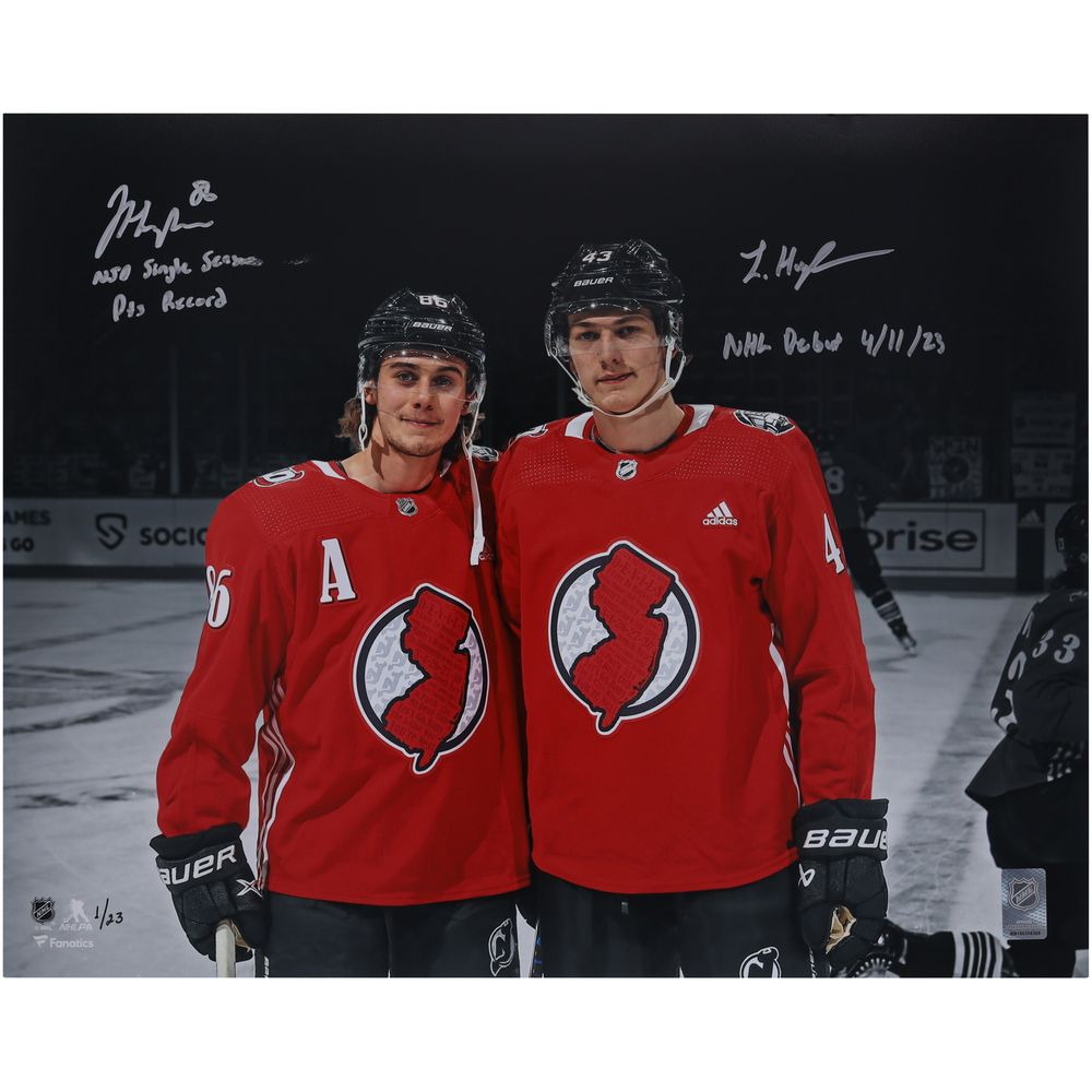 1000x1000 Jack Hughes and Luke Hughes New Jersey Devils Autographed 16 x 20 NJD Single Season Points Record and NHL Debut Photograph with Multiple Inscriptions Edition of 23