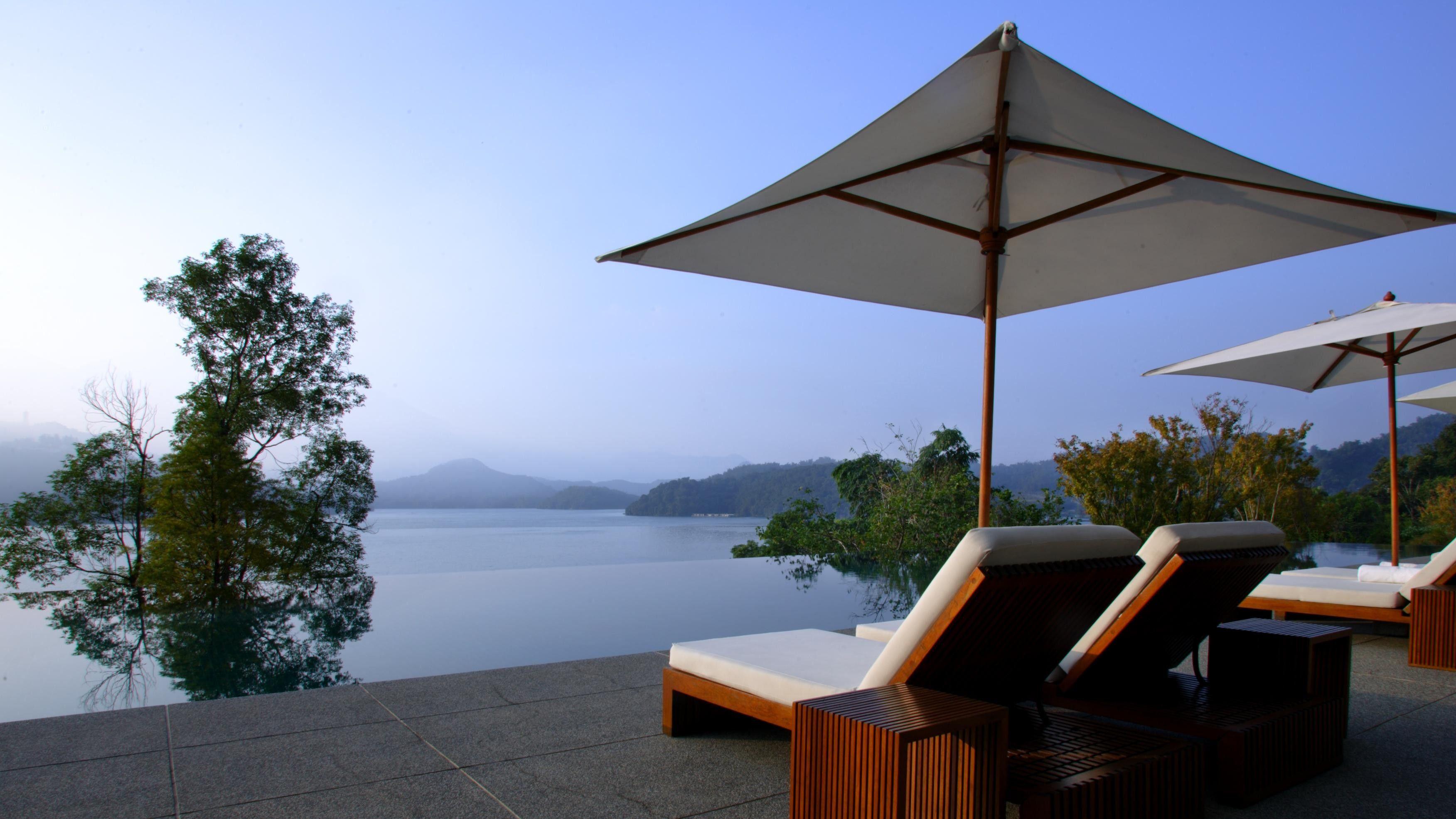 3504x1971 Oceans: Trees China Beautiful Sea Chairs Umbrellas Romantic