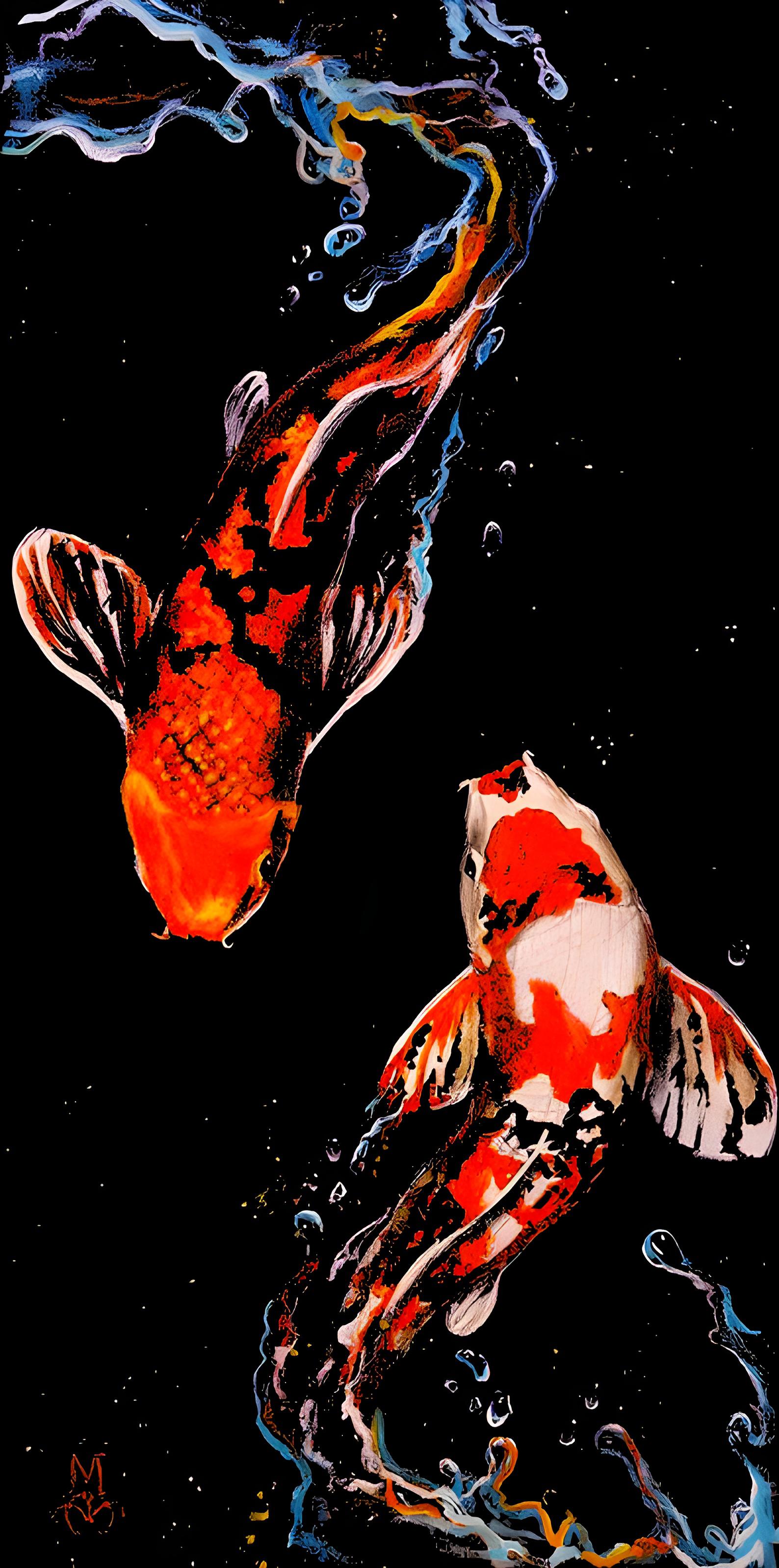 1588x3196 Wallpaper Koi Fish, Koi, Goldfish, Fish, Painting, Background Free Image