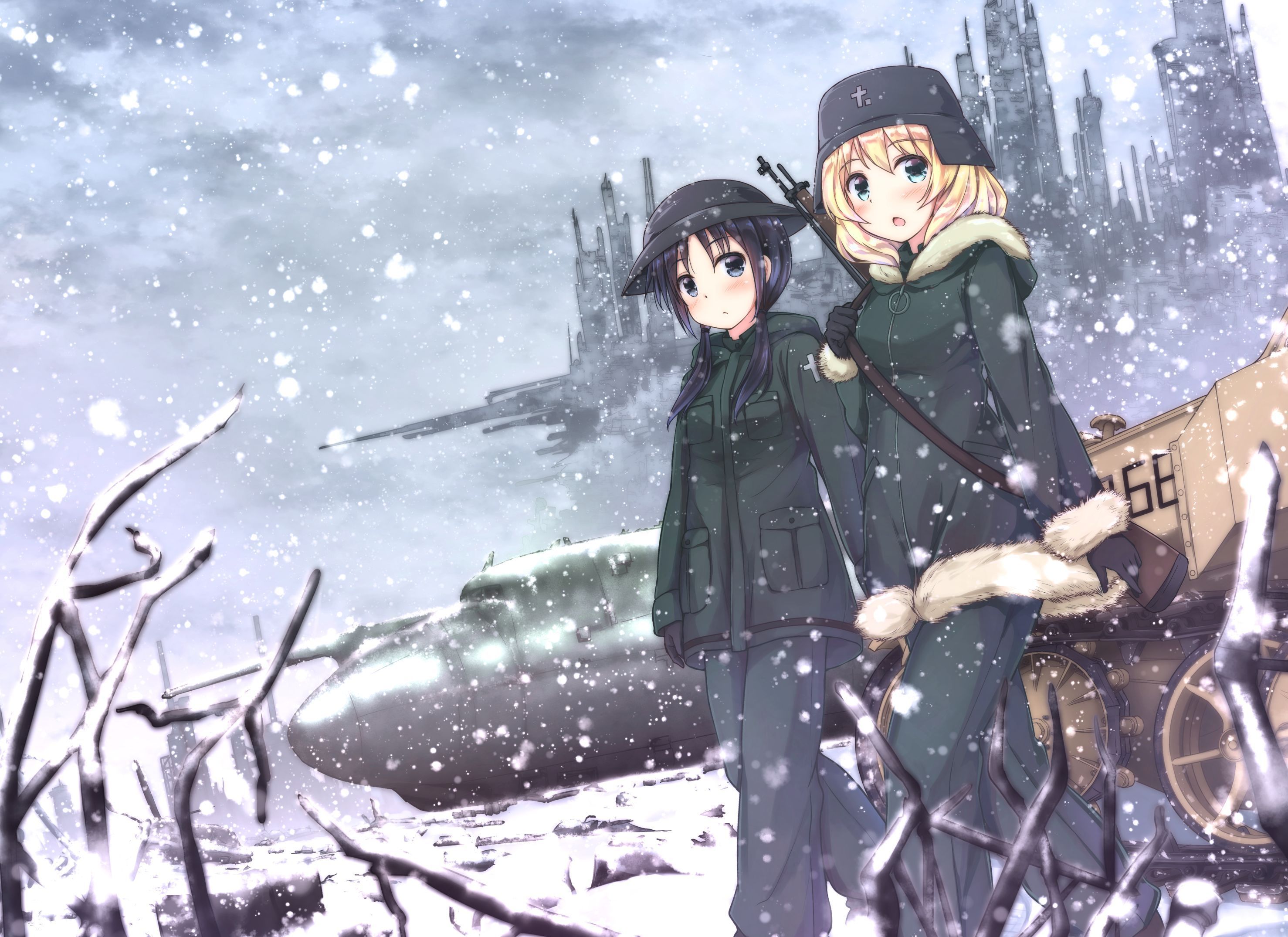 2956x2150 Desktop wallpaper: Anime, Girls' Last Tour, Chito (Girls' Last Tour), Military, Shoujo Shuumatsu Ryokou, Snow, Winter, Yuuri (Girls' Last Tour) 4K free download for PC. 963646