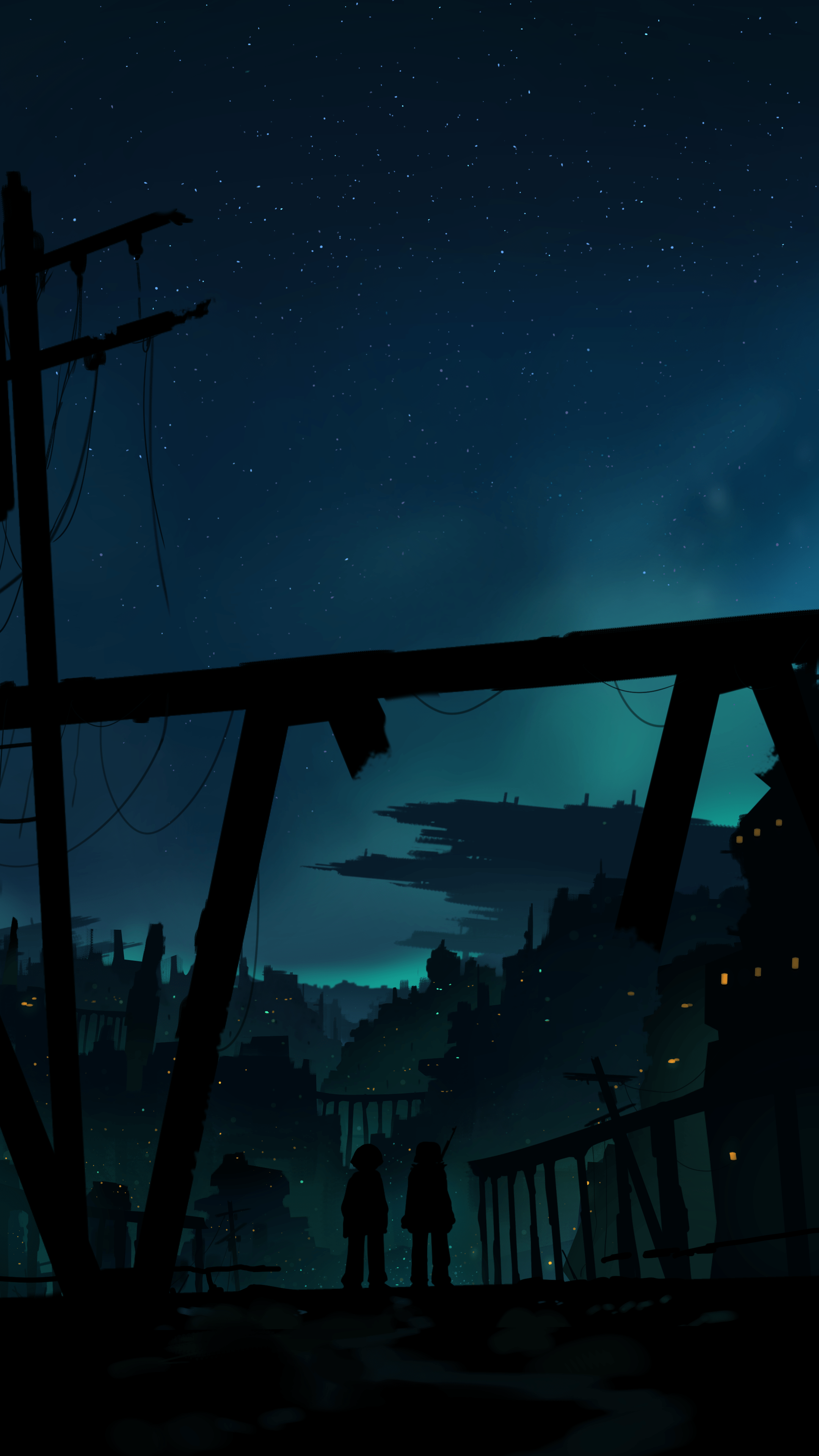 2160x3840 Sendrawz, standing, Shoujo Shuumatsu Ryokou, anime, anime girls, portrait display, stars, starred sky, power lines, silhouette, sky, night, Chito (Shoujo Shuumatsu Ryokou), Yuuri (Shoujo Shuumatsu Ryokou), scenery, ruins, cityx3840 Wallpaper