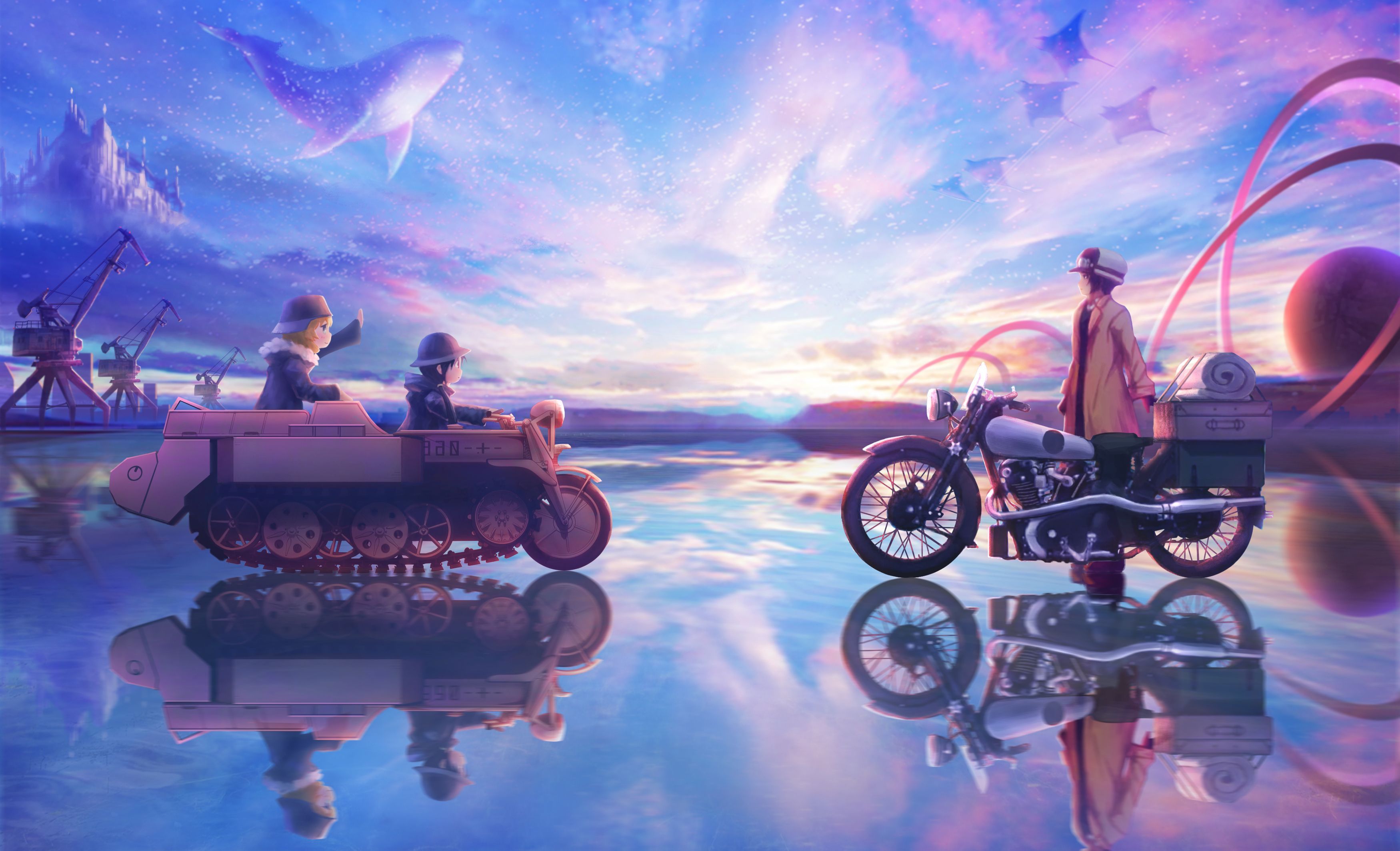 3500x2127 Safebooru absurdres chito (shoujo shuumatsu ryokou) commentary request goggles ground vehicle helmet hermes highres kettenkrad kino kino no tabi motor vehicle motorcycle multiple girls shoujo shuumatsu ryokou solafuxiao trait connection