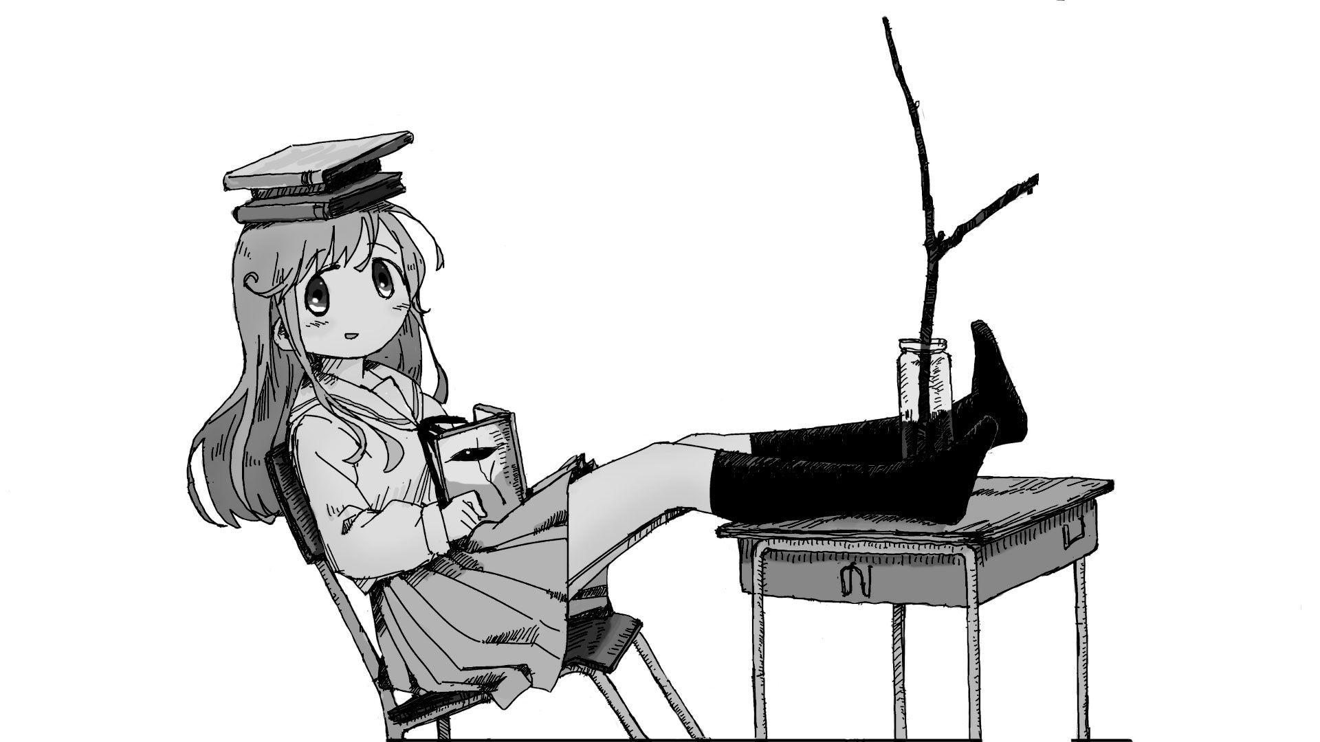 1920x1080 selective coloring, monochrome, anime girls, anime, simple background, Yuuri (Shoujo Shuumatsu Ryokou), Shoujo Shuumatsu Ryokou, Shimeji Simulationx1080 Wallpaper