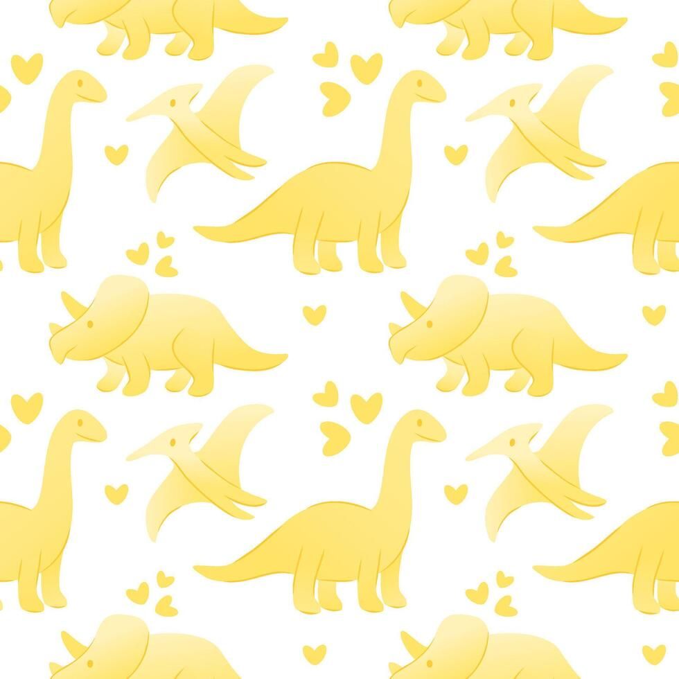 980x980 A playful pattern featuring yellow cartoon dinosaurs, including a brontosaurus, triceratops, and pterodactyl, set against a white background with hearts
