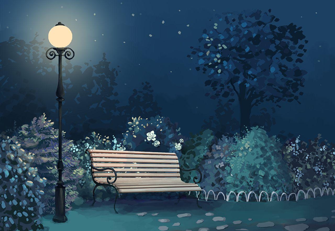 1280x883 Wallpaper Nature Parks Night Bench Street lights