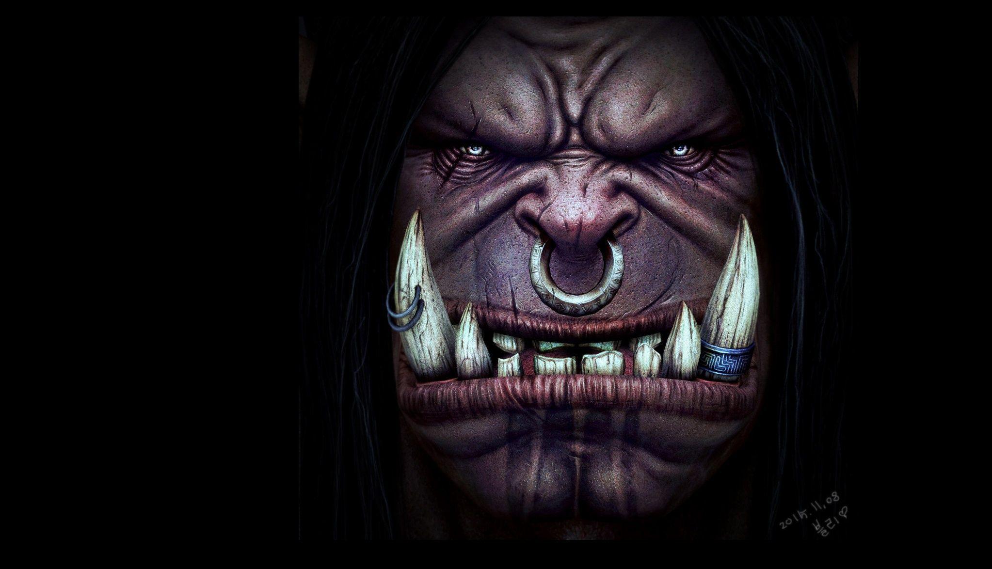 2046x1174 Desktop Wallpaper Orc Canine tooth fangs Grommash Hellscream 3D