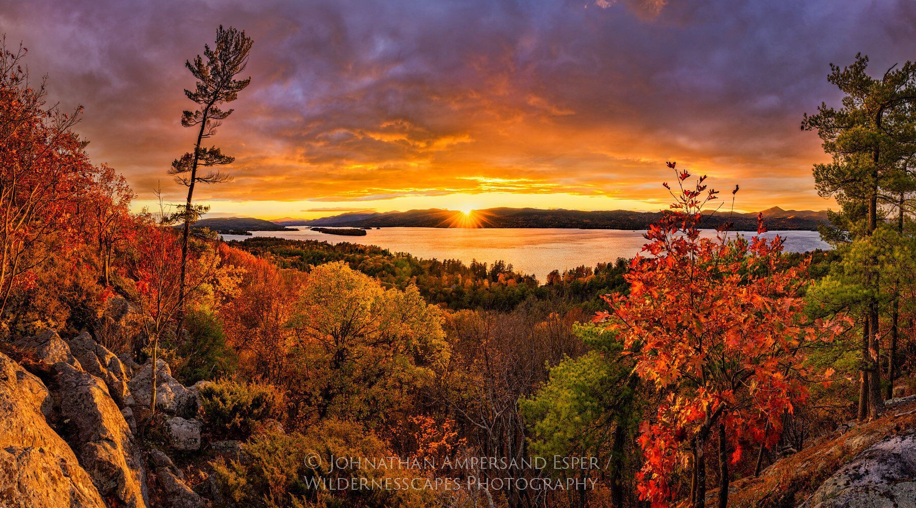 1800x999 Stewart's Ledge overlooking Pilot Knob Bay and south end of Lake George. Prints. Wildernesscapes Photography LLC, by Johnathan A. Esper
