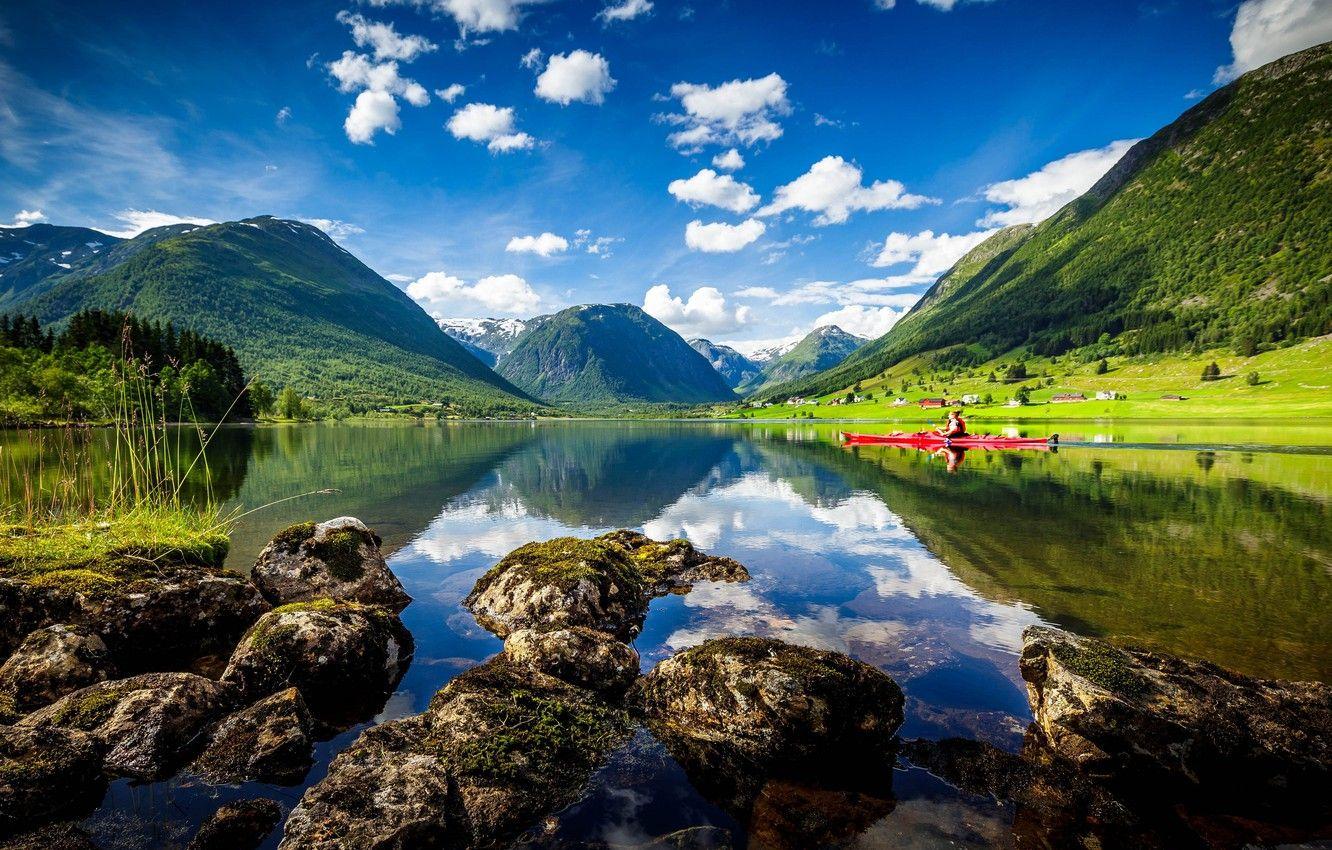 1332x850 Wallpaper mountains, lake, Norway, Norway, kayak, Sogn and Fjordane, Heimdall image for desktop, section пейзажи
