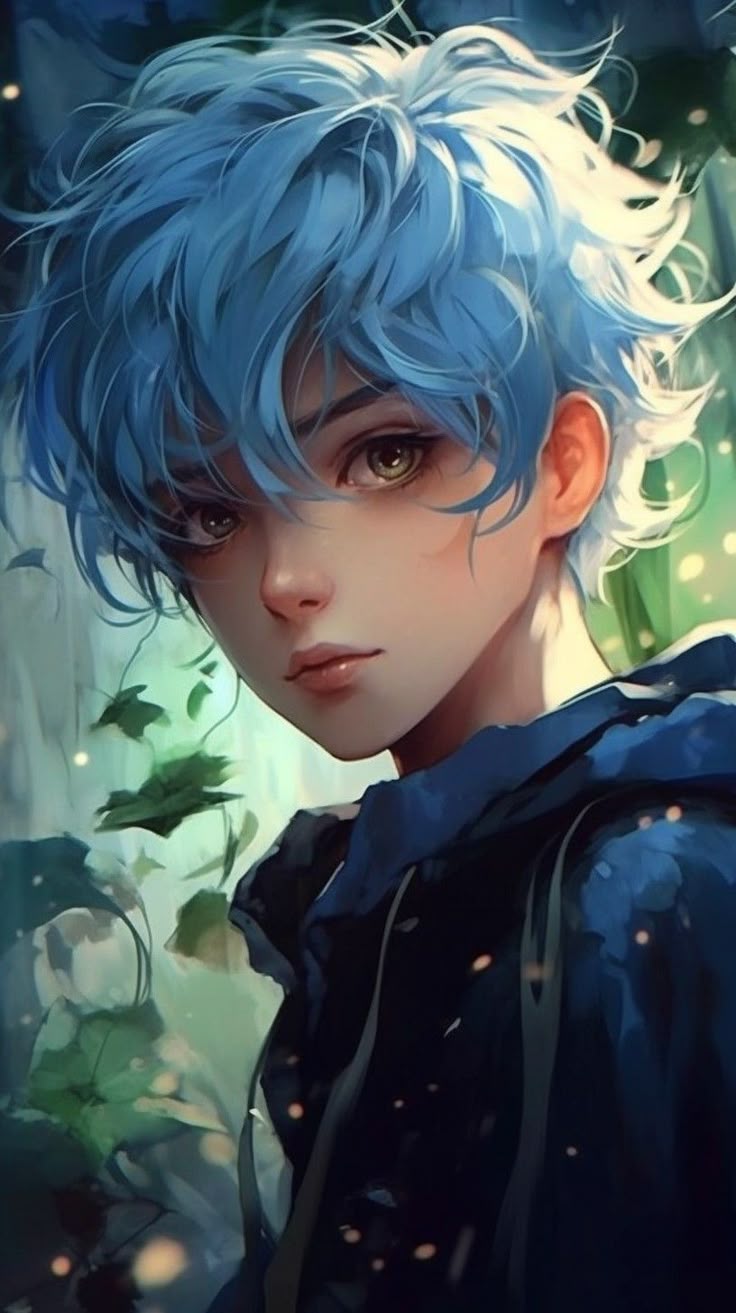 736x1313 Cute anime boy with blue hair. curly hair. anime face. anime wallpaper