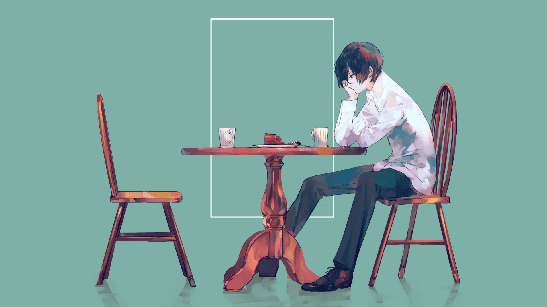 1920x1080 HD Anime Boy Wallpaper: Thoughtful Moment at the Table by しょくむら