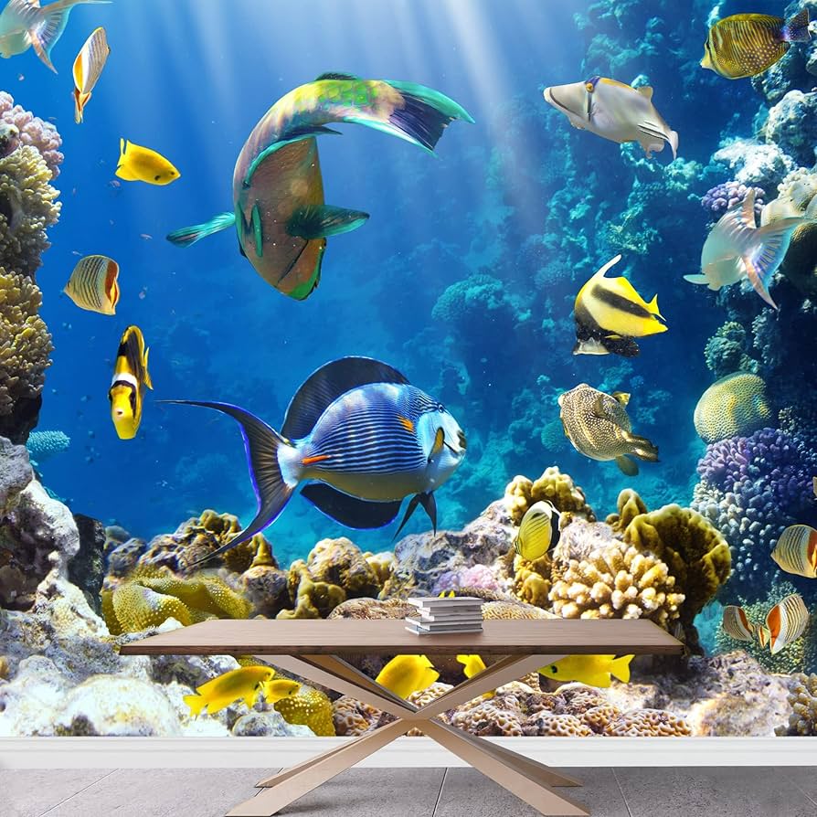 894x894 YEJLOAU Marine Fish Wallpaper Kids Bedroom, Undersea Coral Wall Mural, 3D Print Peel And Stick Self Adhesive Home Wall Decal For Office Living Room Poster Sticker 98''Wx70''H