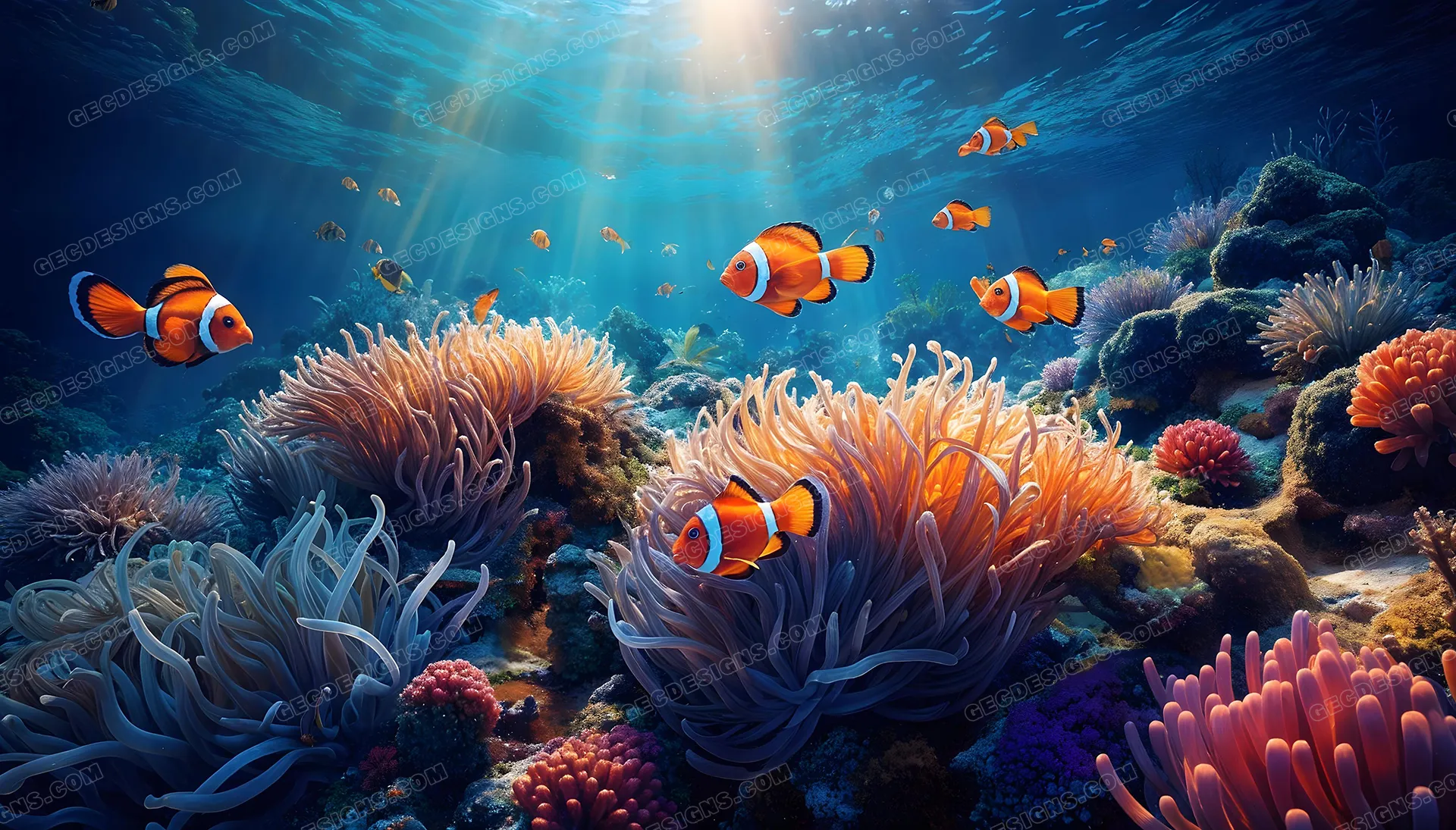 1920x1095 Marine life HD wallpaper with beautiful coral reefs and clownfish, Inspired by Finding Nemo AI Generated image