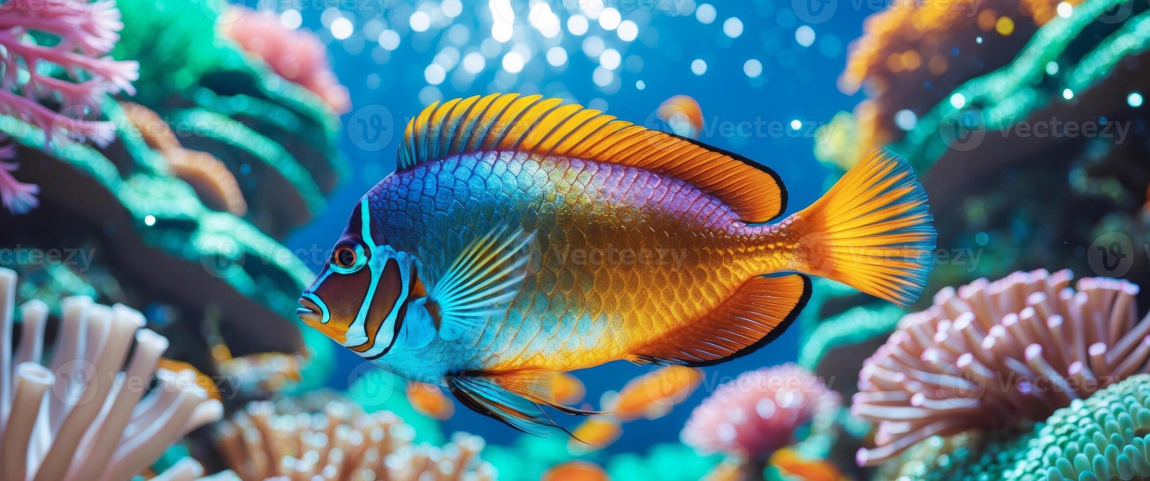 2344x980 Vibrant Tropical Reef Fish Swimming Gracefully Through Coral with Colorful Marine Background