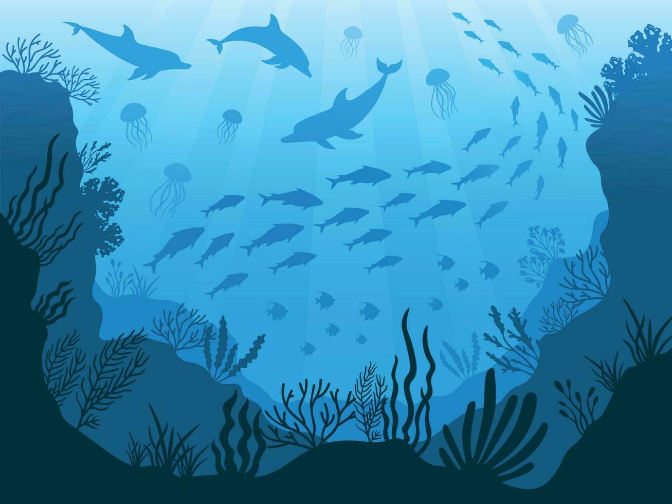 1307x980 Underwater ocean fauna. Deep sea plants, fishes and animals. Marine seaweed, fish and animal silhouette vector background illustration