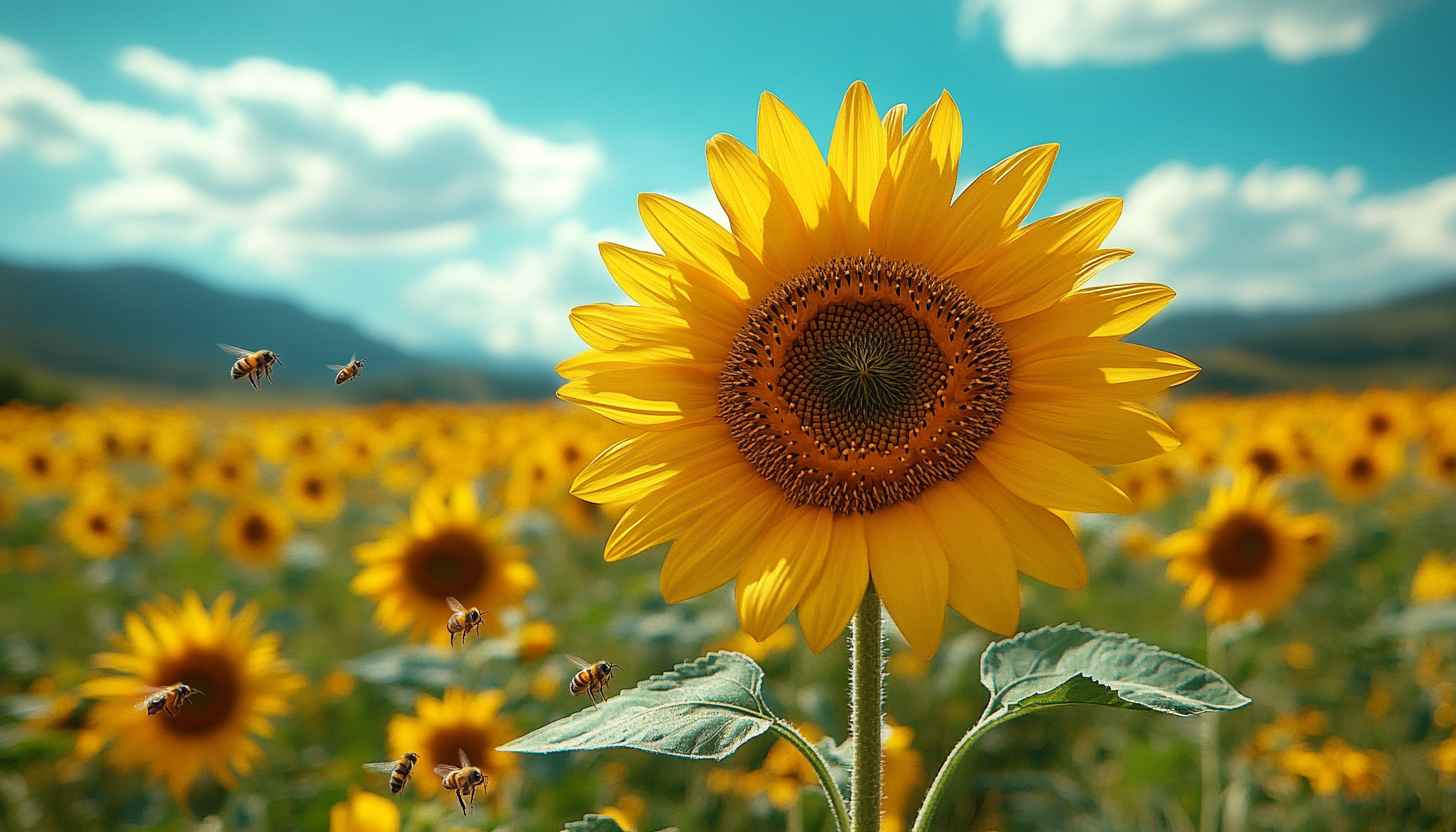 1456x832 Vibrant Sunflower Field Wallpaper: Bees, Summer, Nature Desktop Background