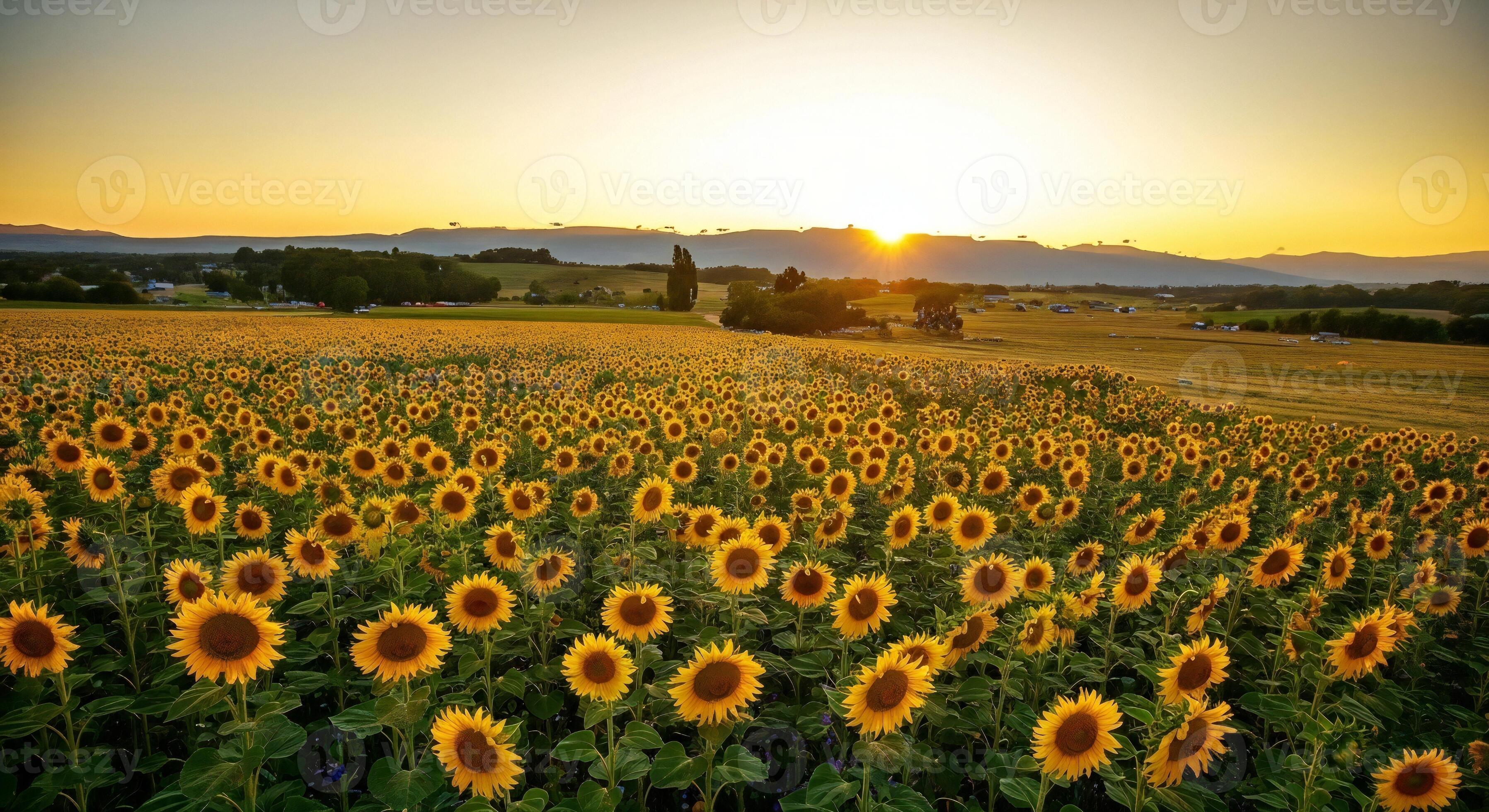 3593x1960 Nature background, Nature wallpaper, Vast sunflower field under a warm golden sunset with distant mountains and agricultural land