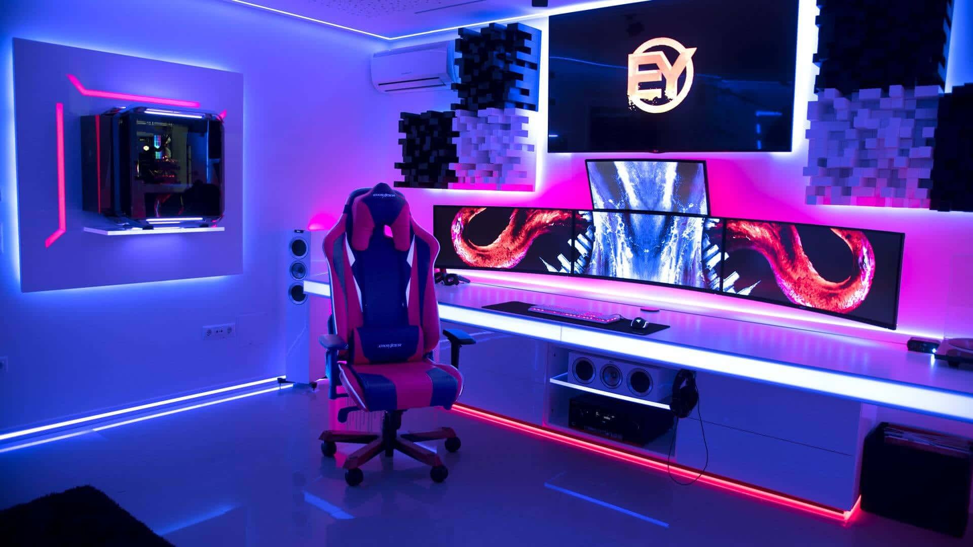 1920x1080 Download a gaming room with a computer desk and lights Picture